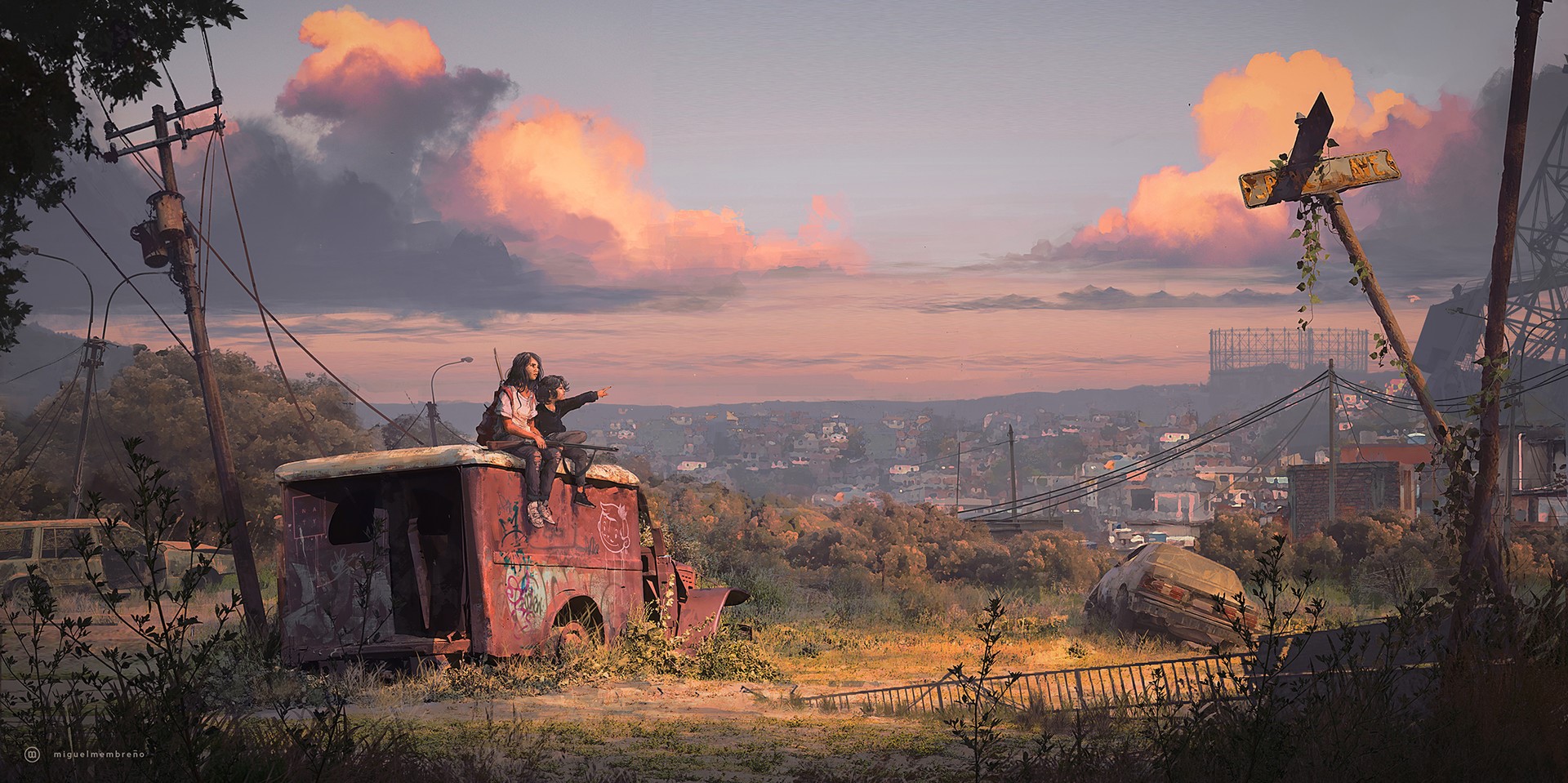Two children sitting on a ruined vehicle overlooking a city HD Wallpaper