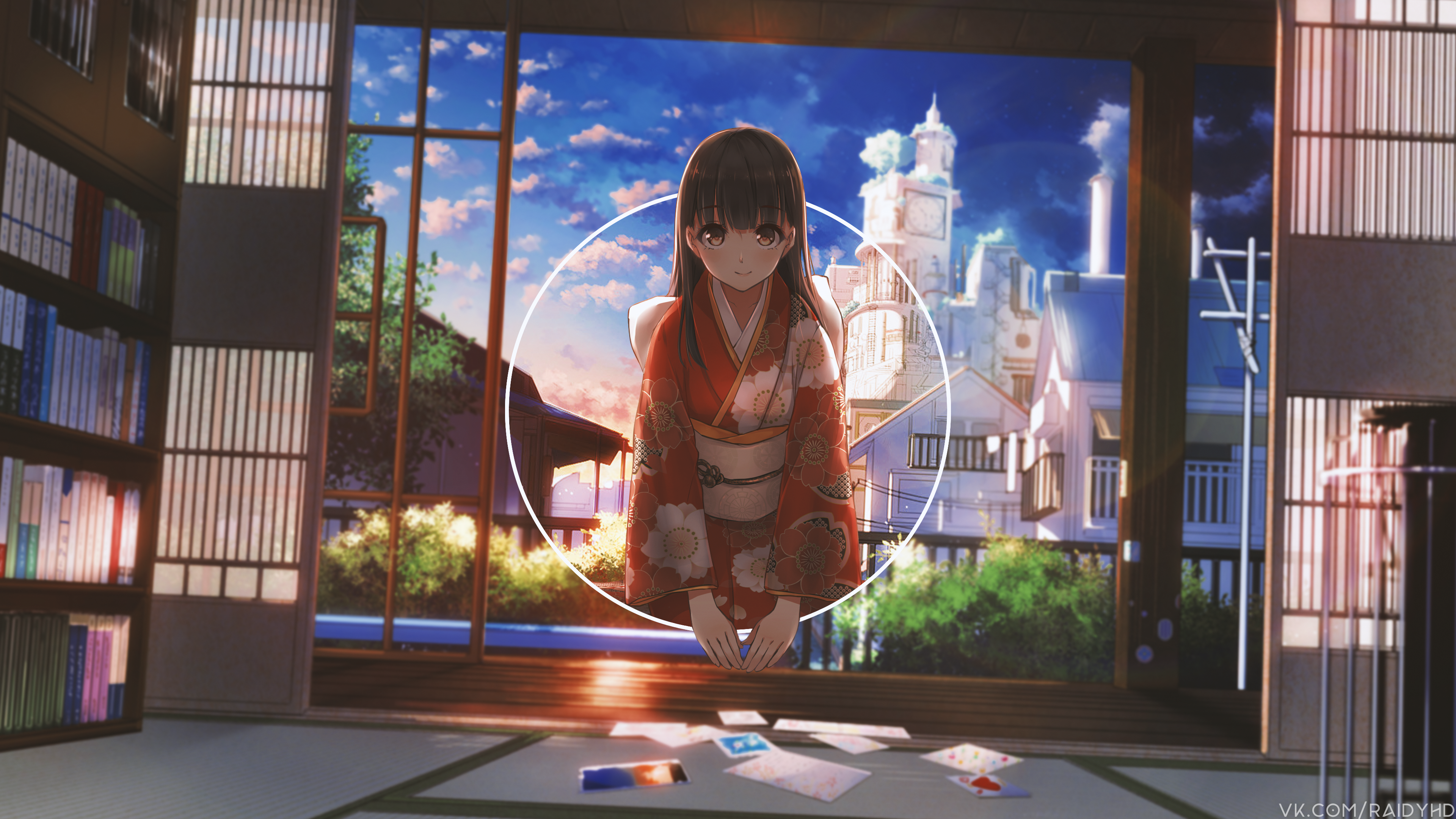 Anime girl in kimono in front of building HD Wallpaper