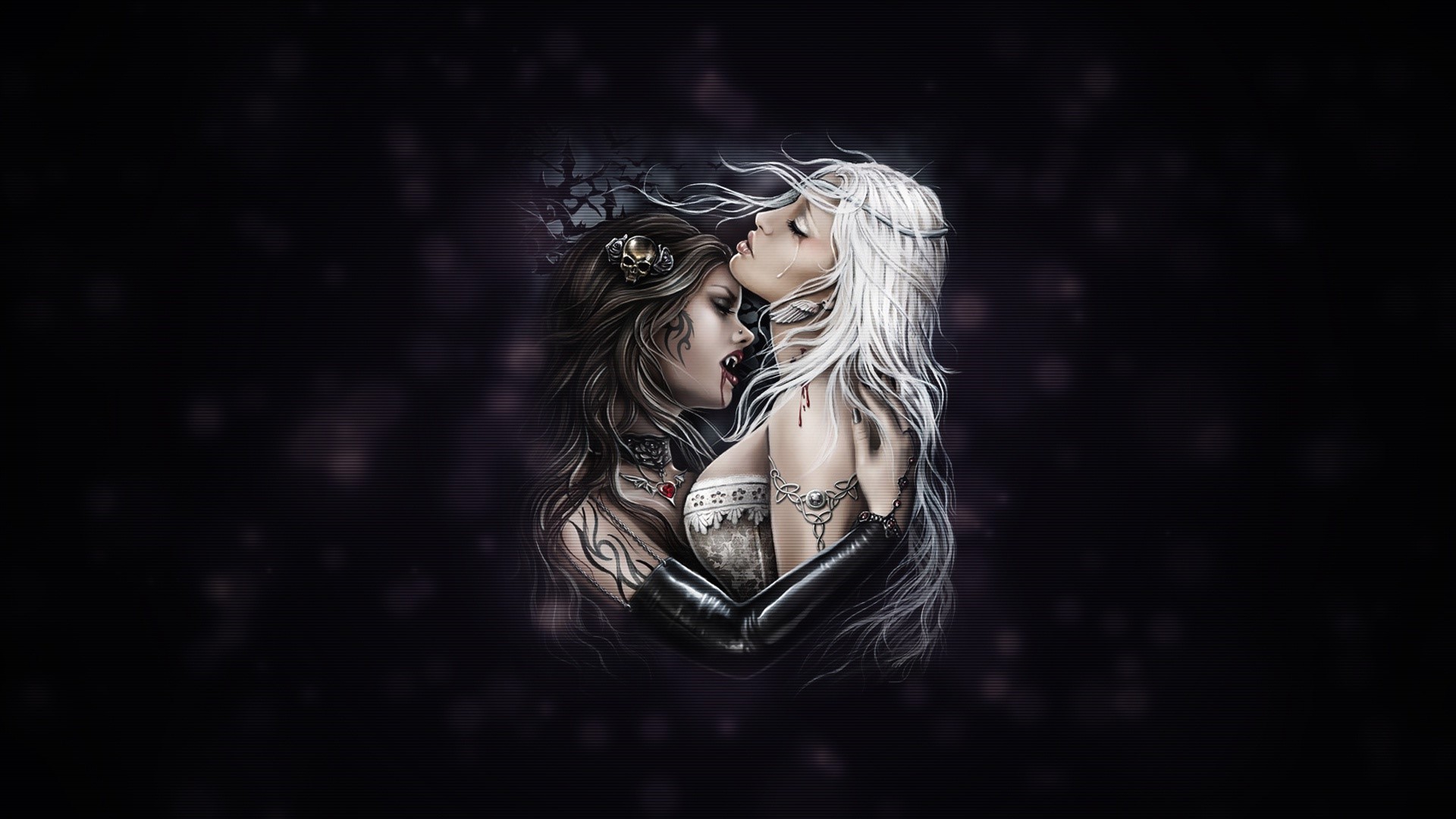 Two vampire women embracing HD Wallpaper