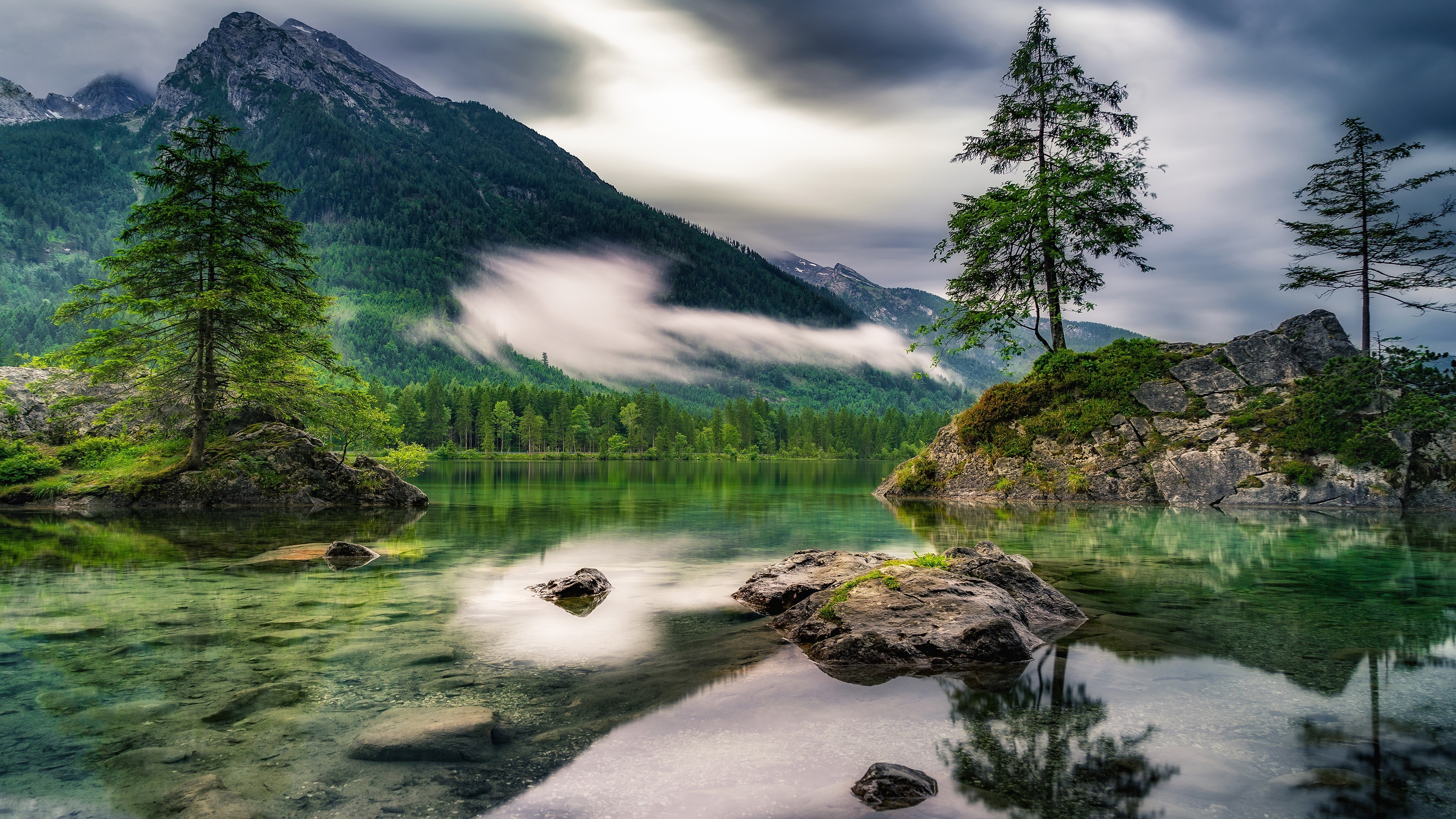 4K Nature Scene with Mountains, Lake, and Trees HD Wallpaper
