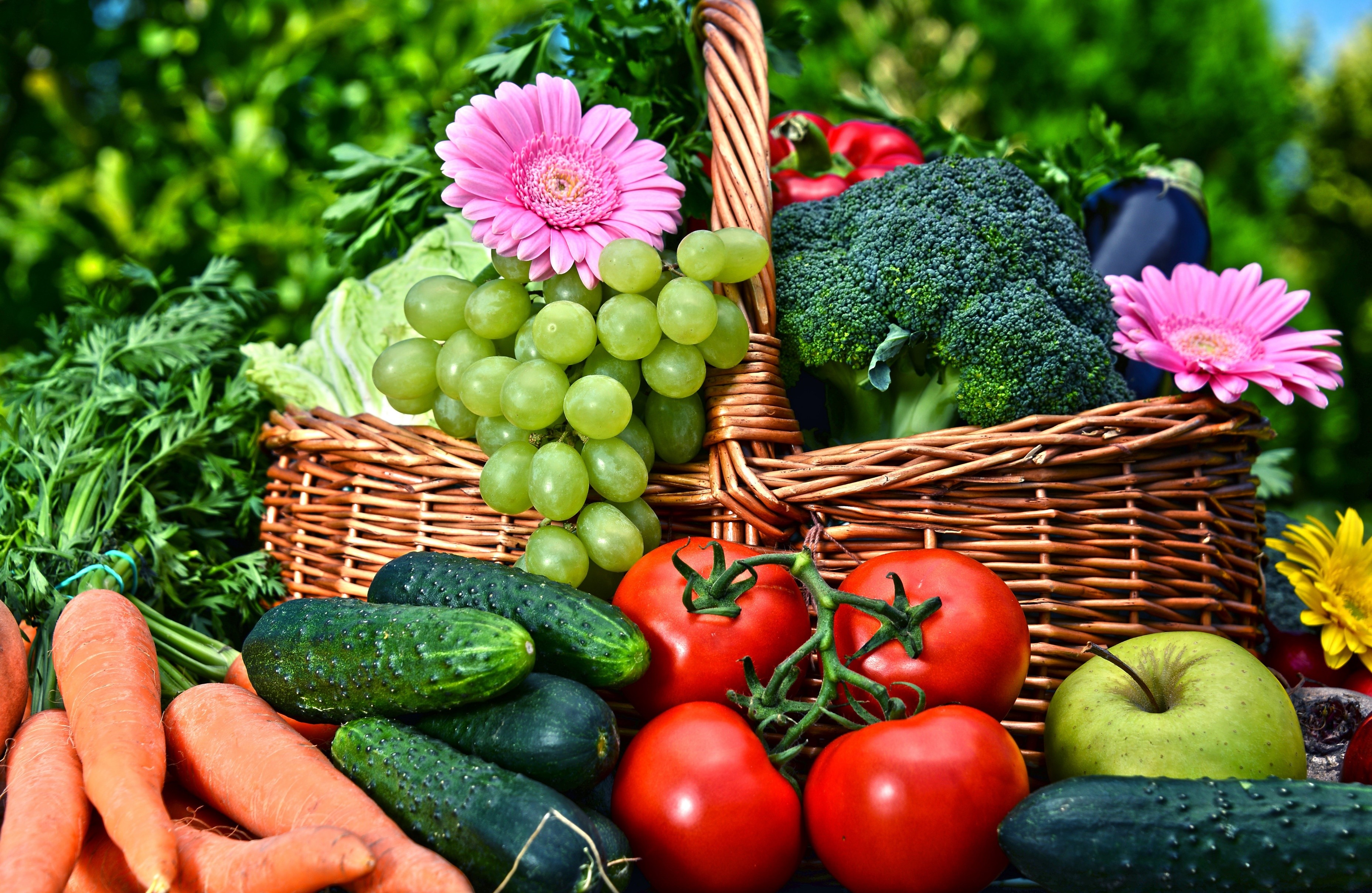 Basket of fresh vegetables and fruits with flowers HD Wallpaper
