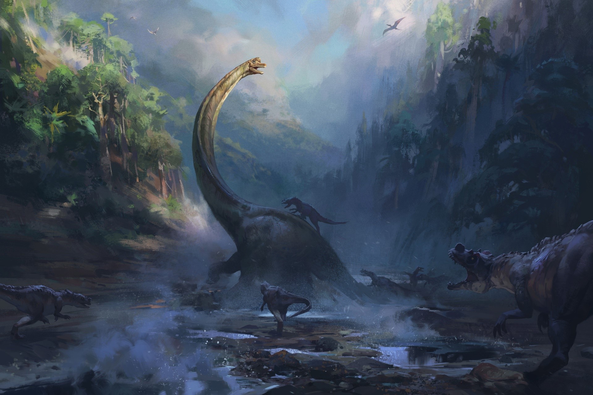 Artwork of dinosaurs in a prehistoric jungle by Nikolai Litvinenko HD Wallpaper