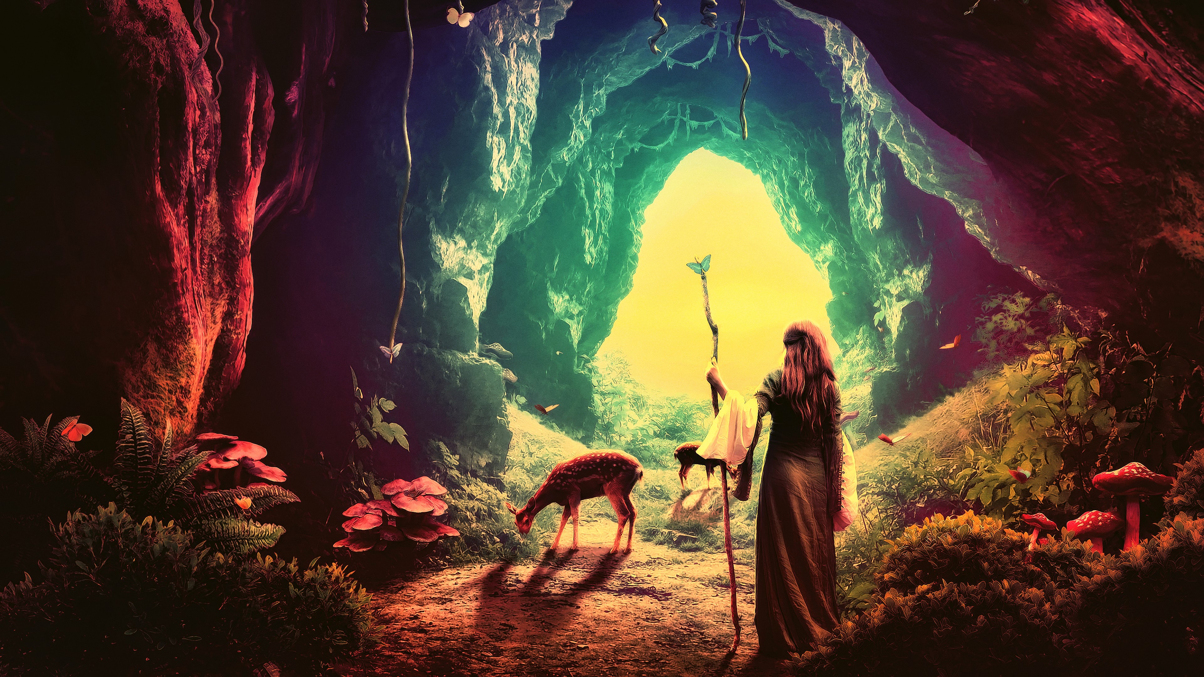 Fantasy cave with a woman and a deer HD Wallpaper