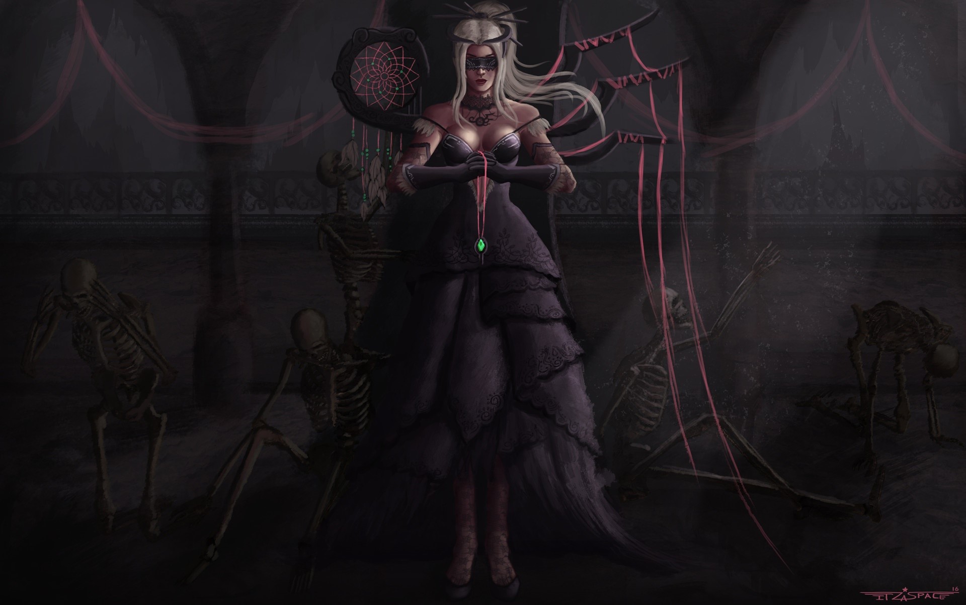 Dark fantasy art of a woman with skeletons HD Wallpaper