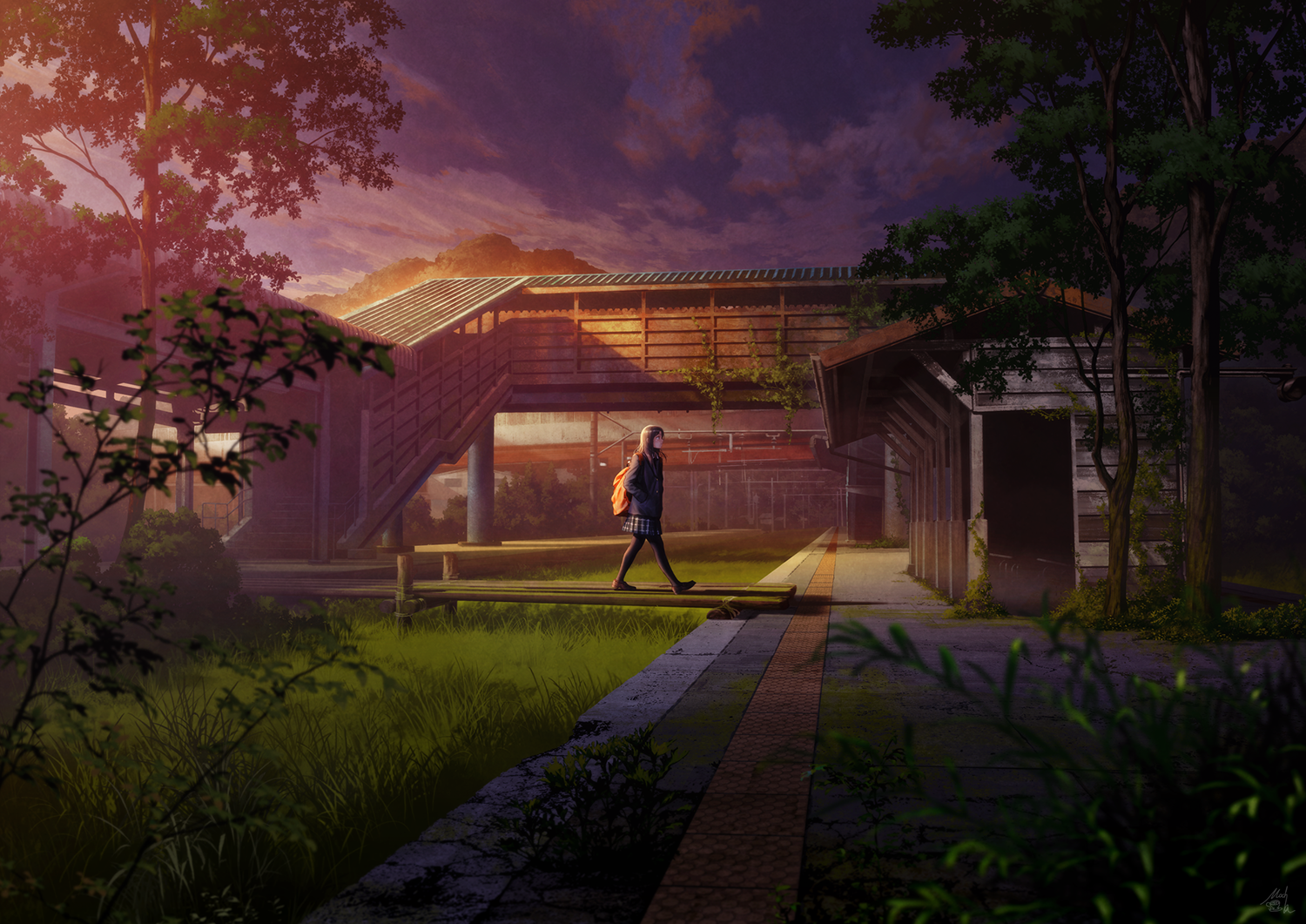 Anime schoolgirl with backpack at train station at dusk HD Wallpaper