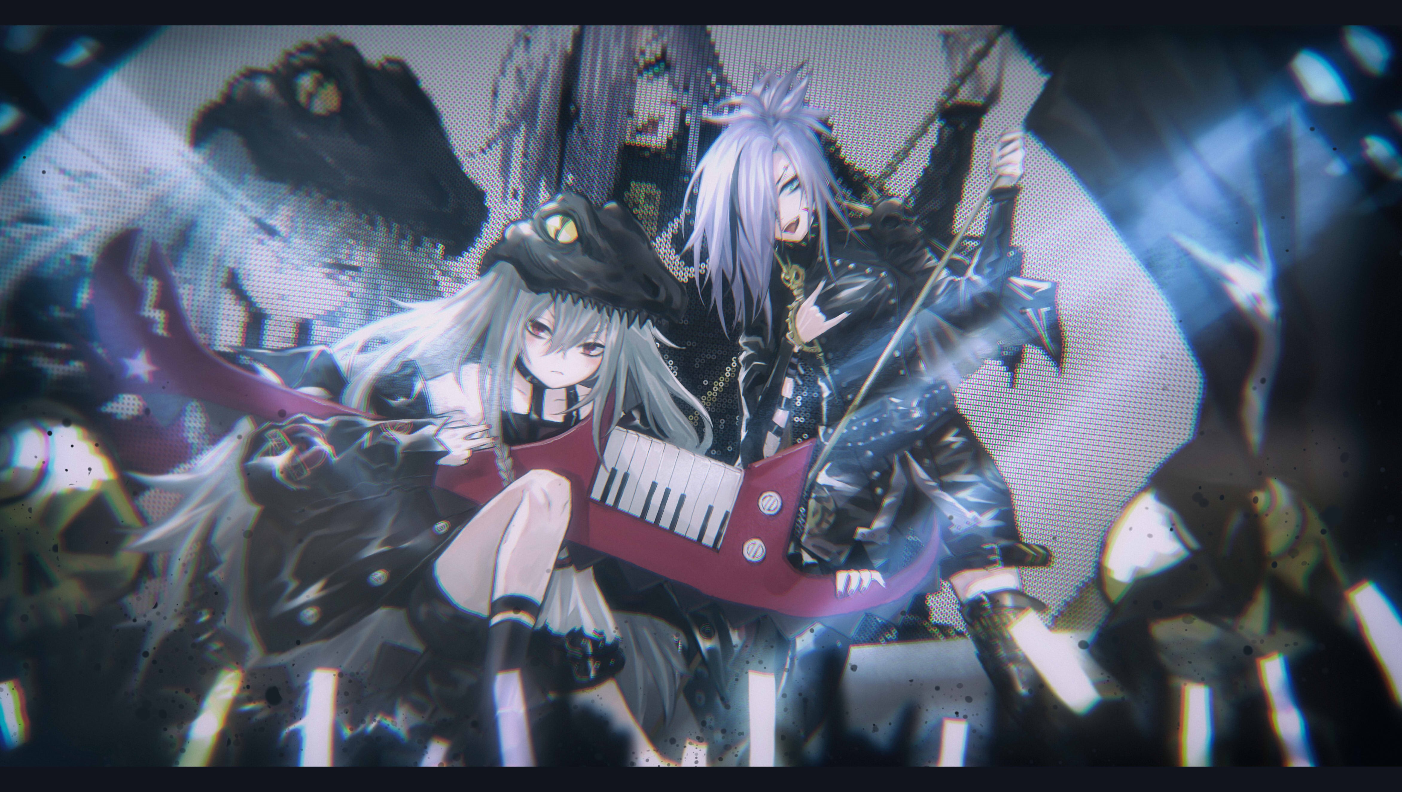 Anime girls with musical instruments and dinosaur head HD Wallpaper