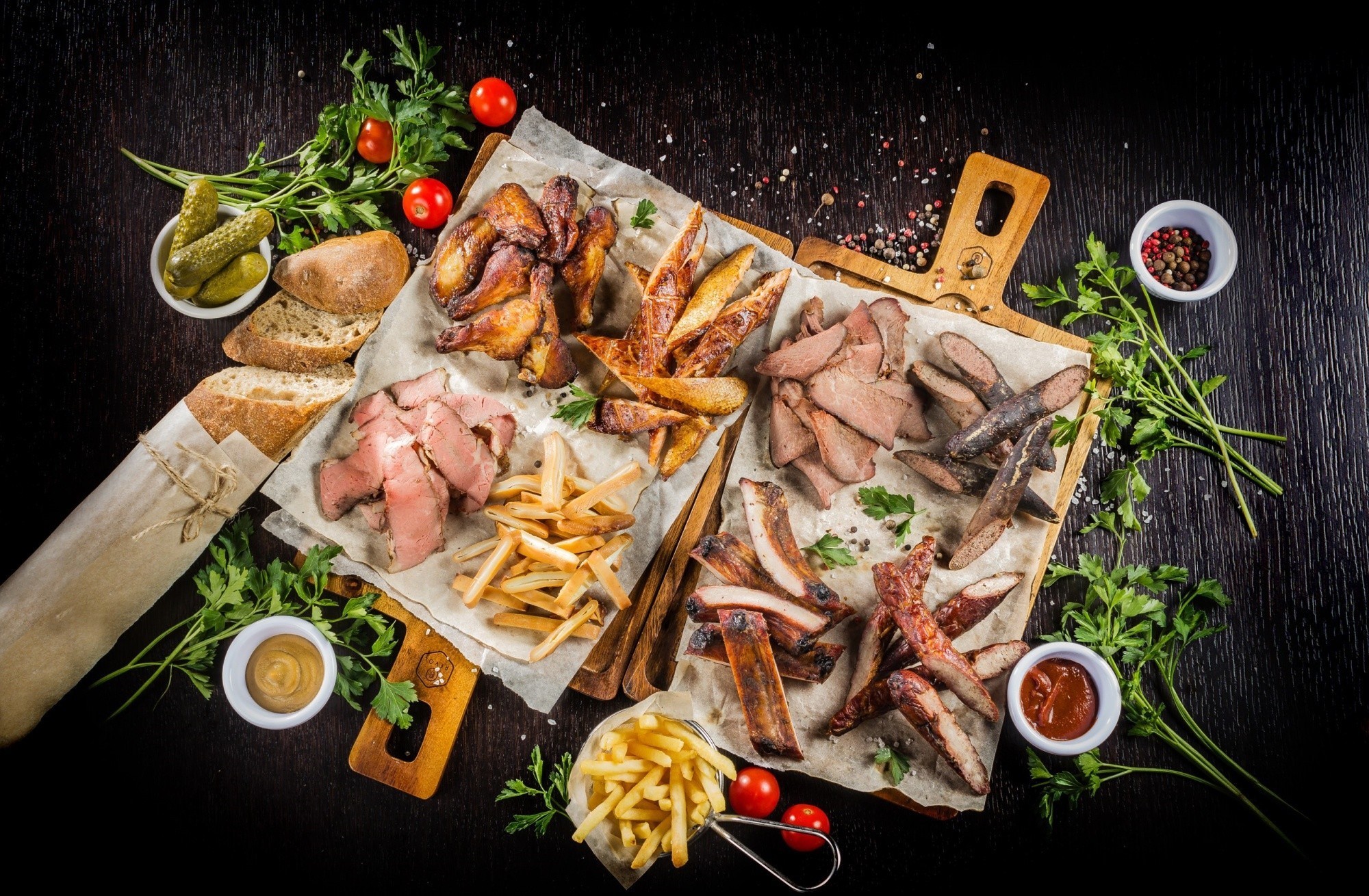 Meat platter with fries, bread, and pickles HD Wallpaper