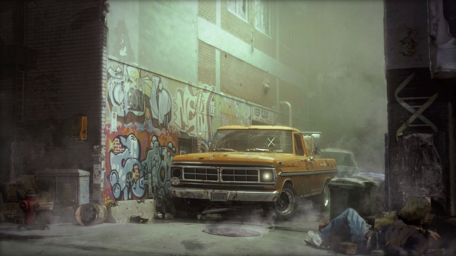 Abandoned urban alley with graffiti and a pickup truck HD Wallpaper