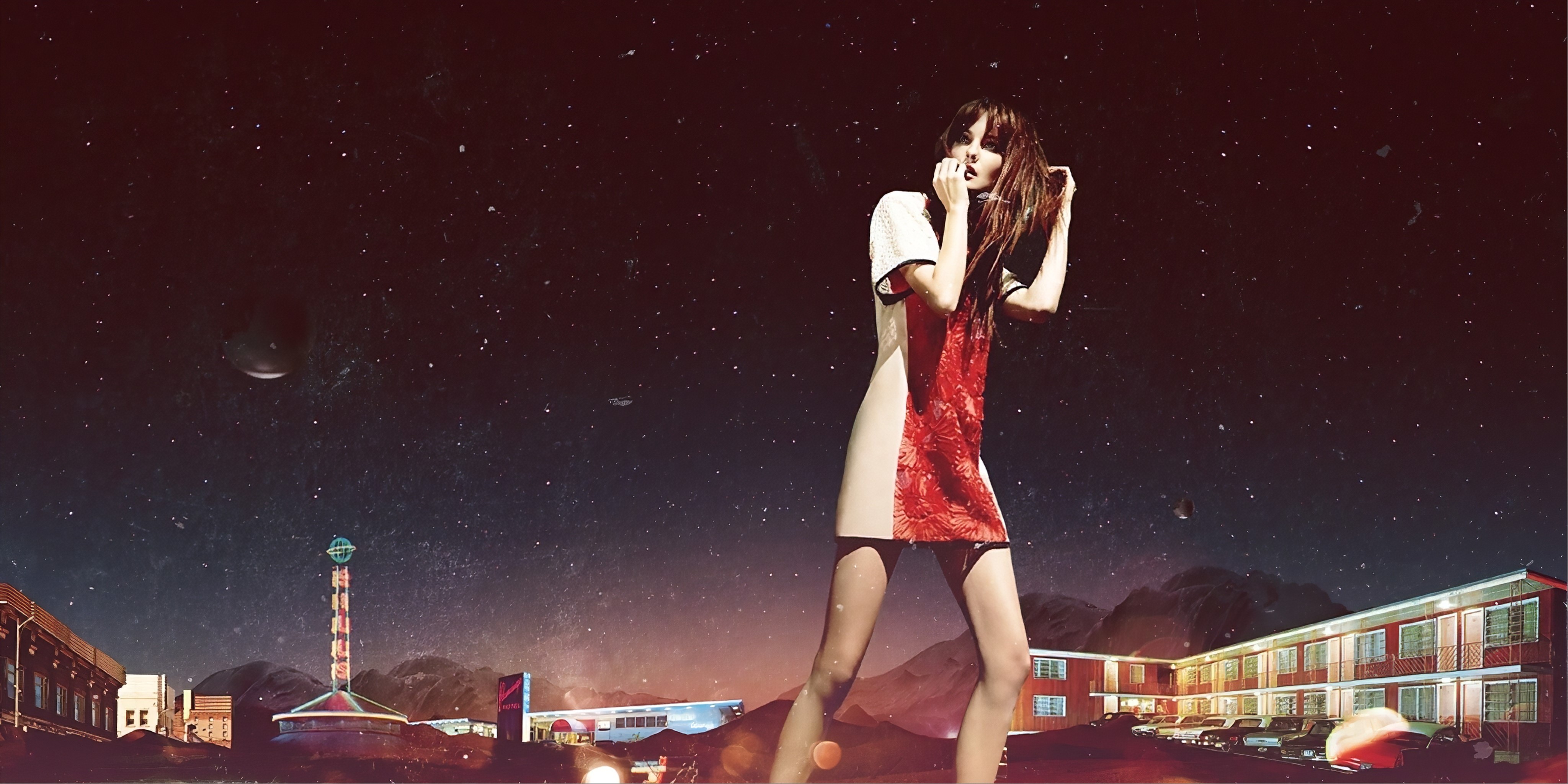 Model in a sequined dress under a starry sky HD Wallpaper