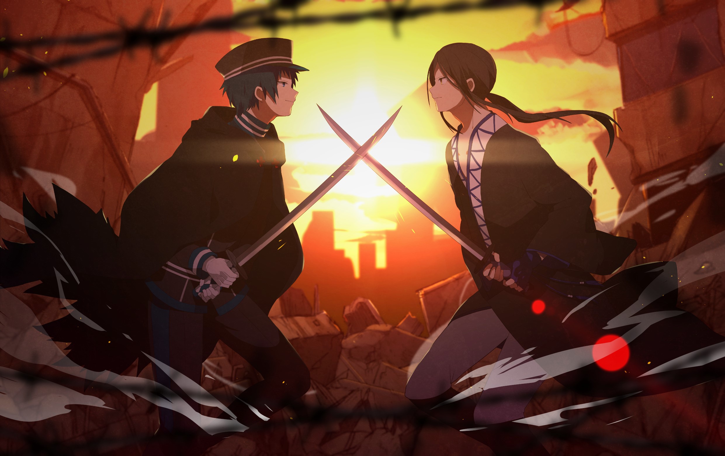 Two anime characters with swords at sunset HD Wallpaper