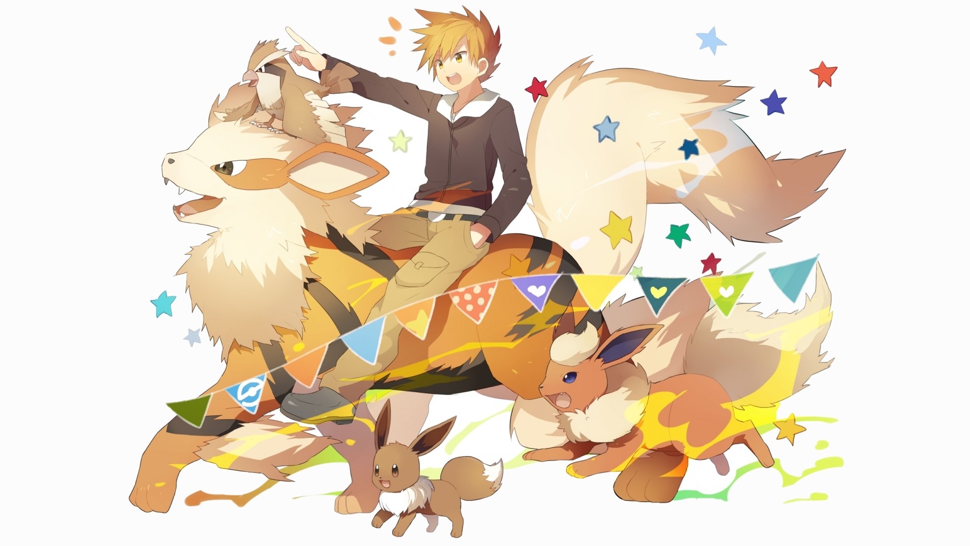Boy with Arcanine and Eeveelutions from Pokemon HD Wallpaper