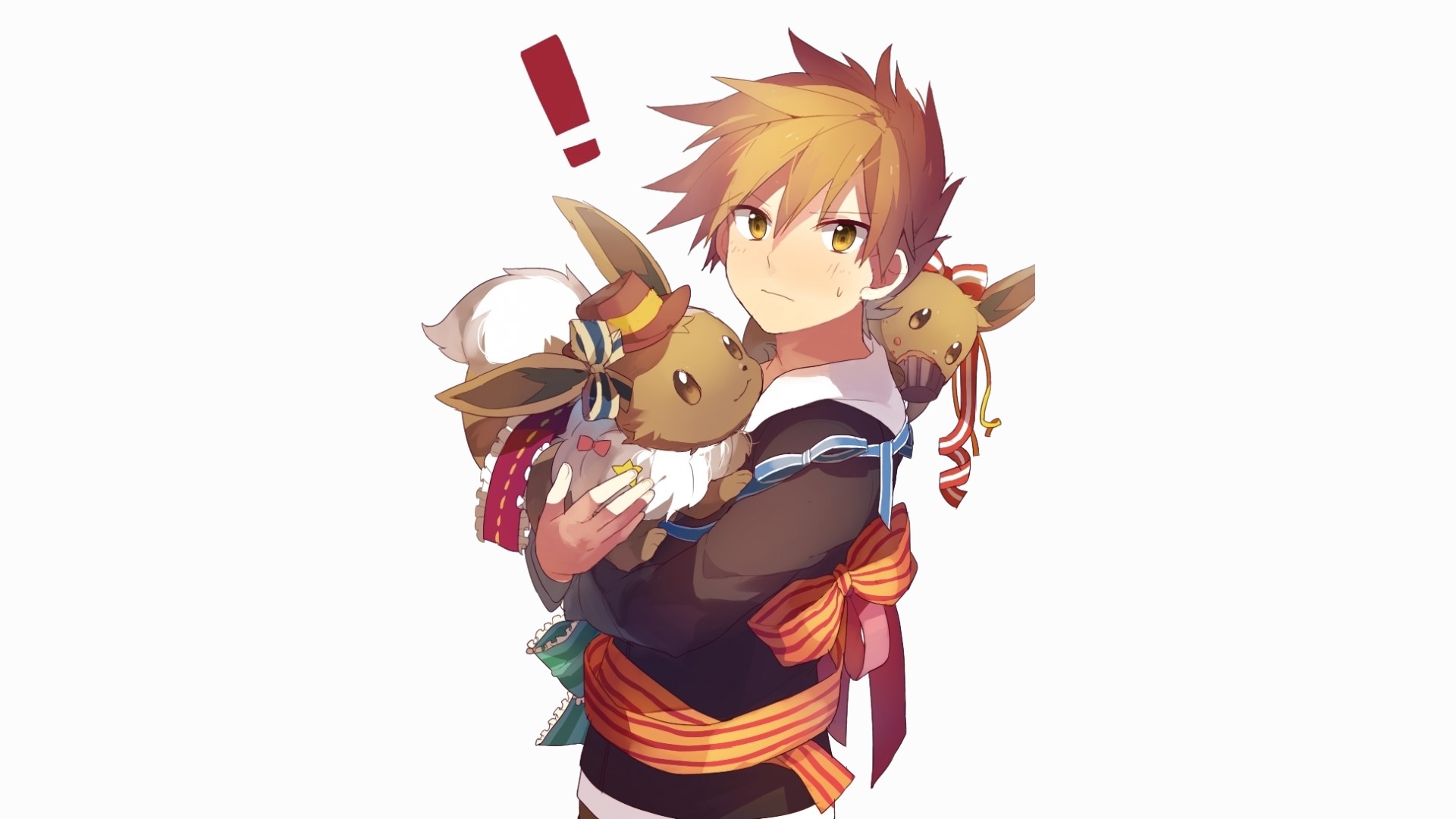 Anime boy holding Eevee and other Pokemon HD Wallpaper