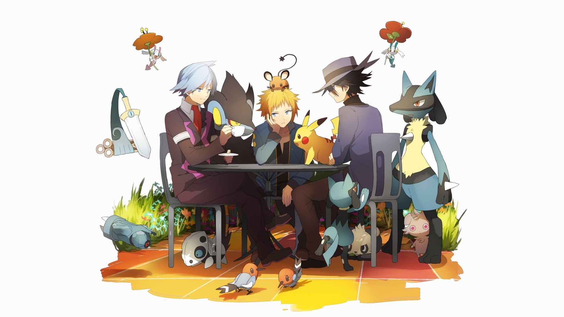 Anime boys and Pokémon at a cafe HD Wallpaper