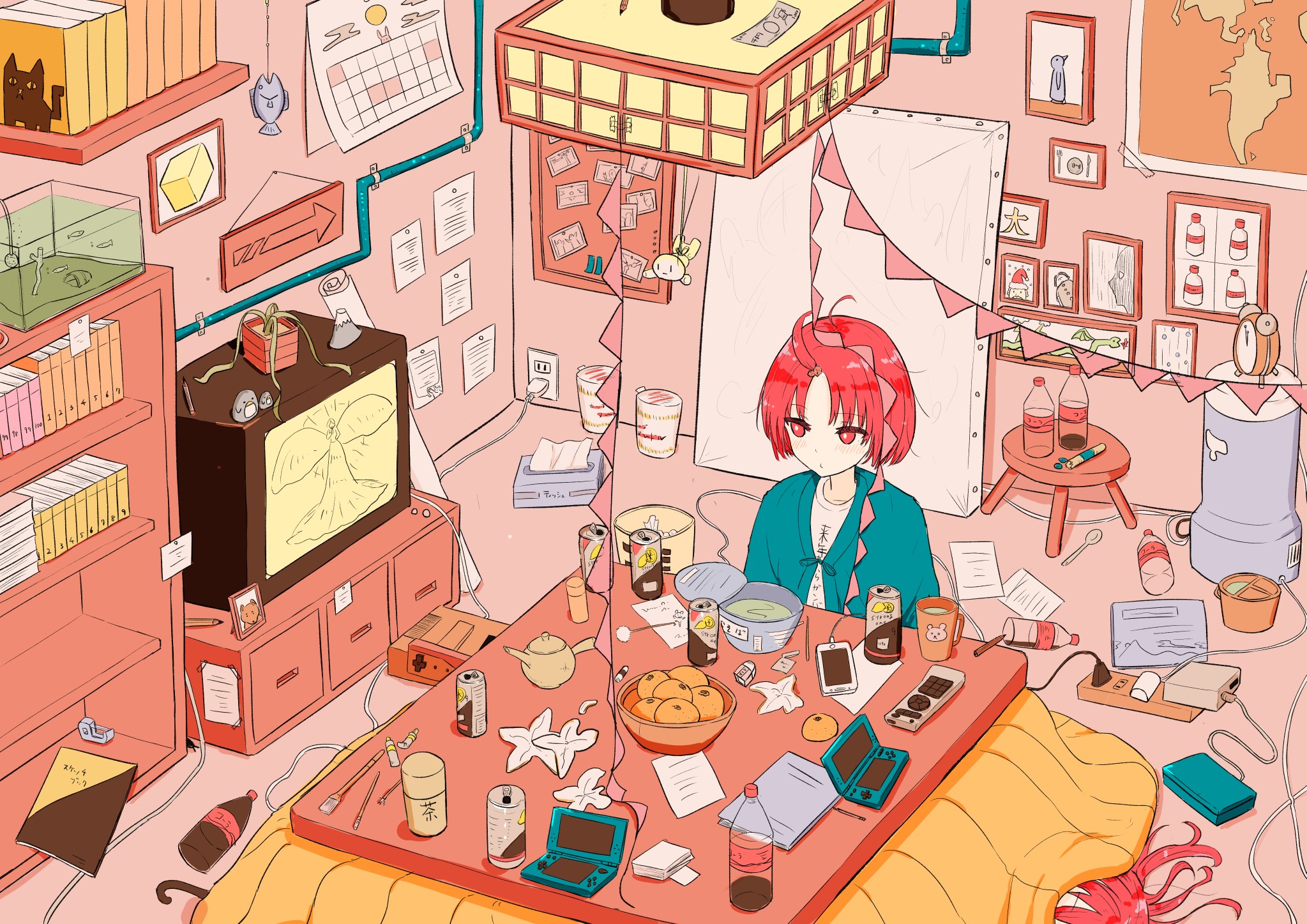 Anime girl in a messy room with a TV and gaming console HD Wallpaper