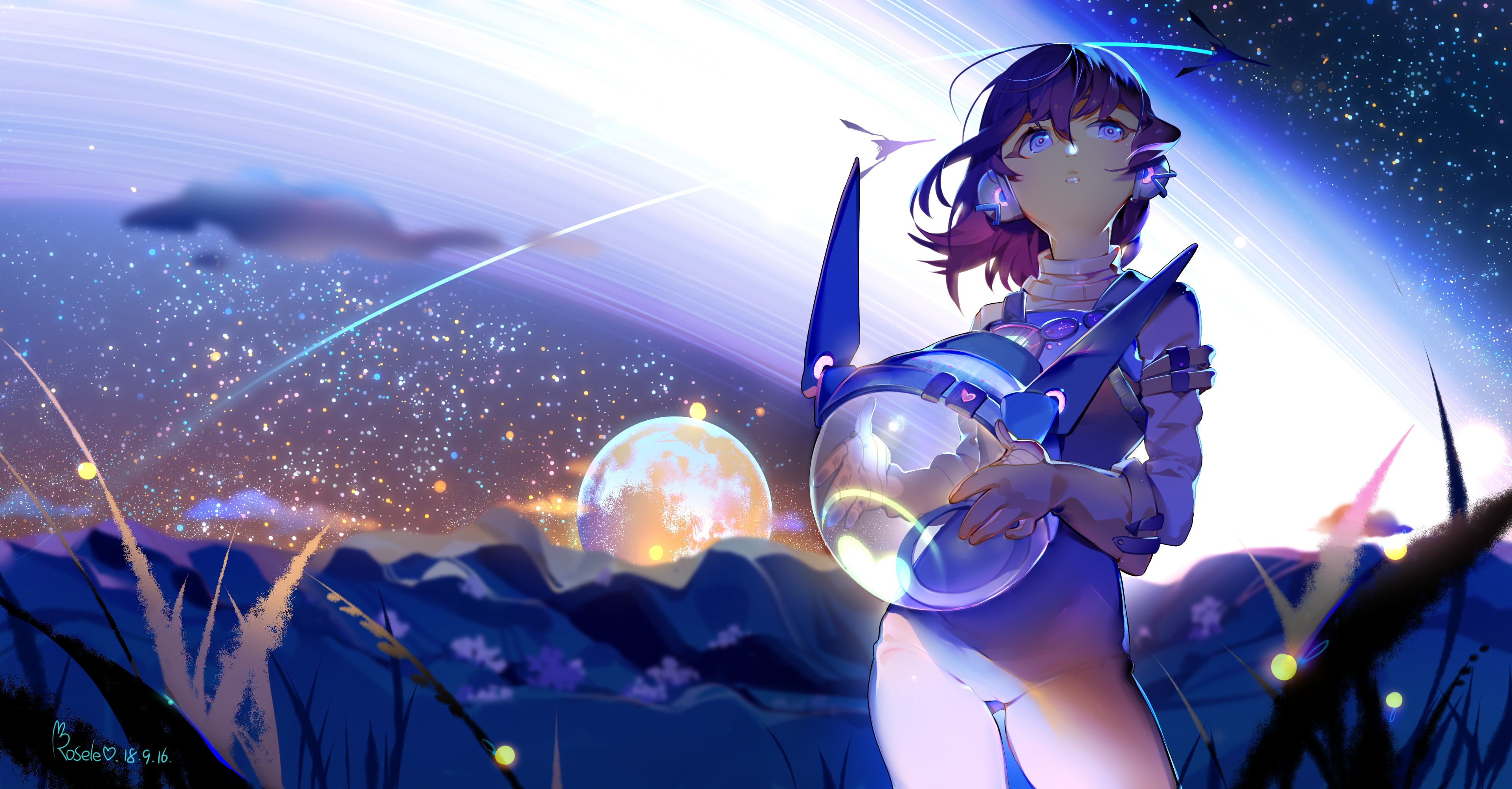 Anime girl astronaut in space with planet and stars HD Wallpaper