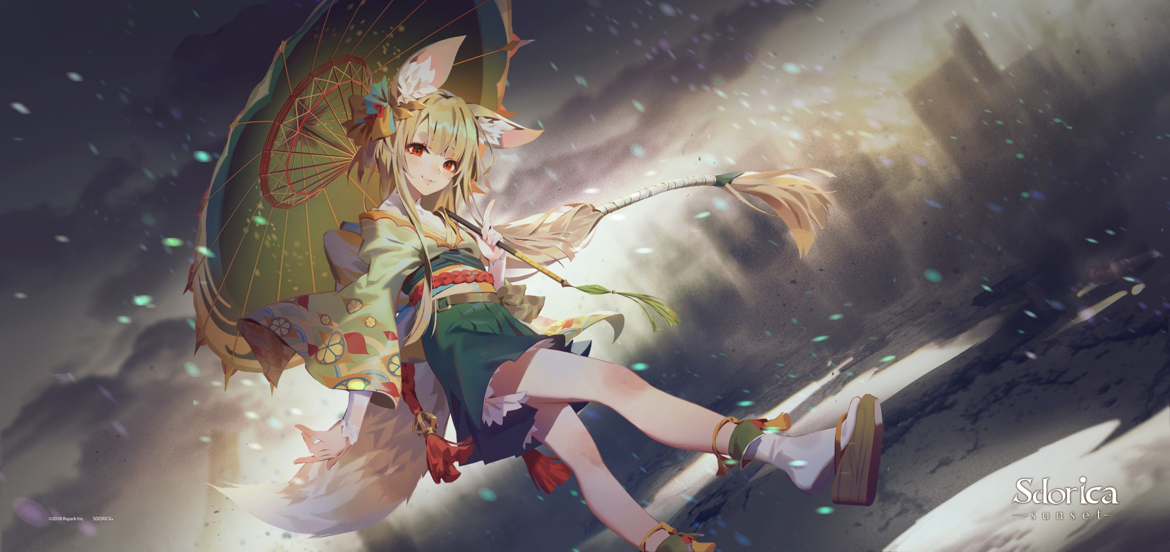 Anime girl with fox ears holding an umbrella HD Wallpaper