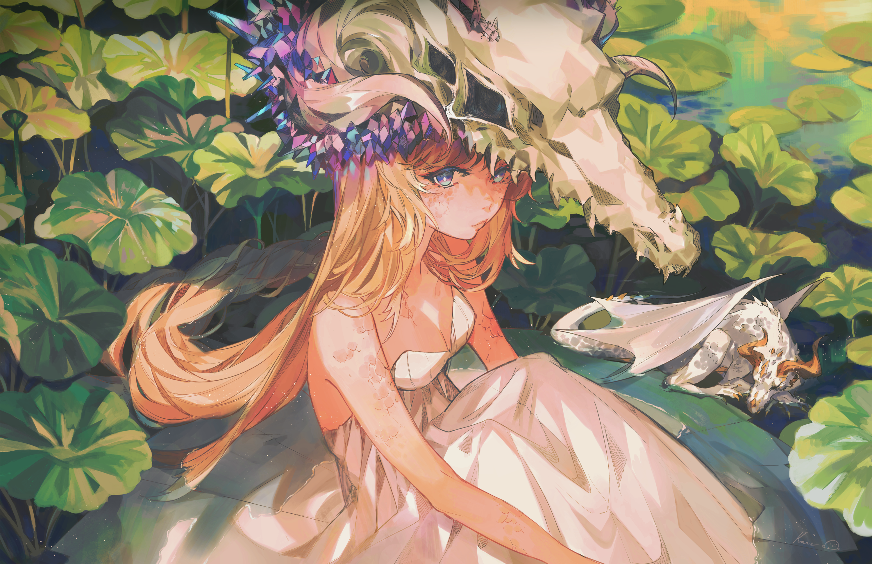 Anime girl with dragon skull headdress and small dragon HD Wallpaper