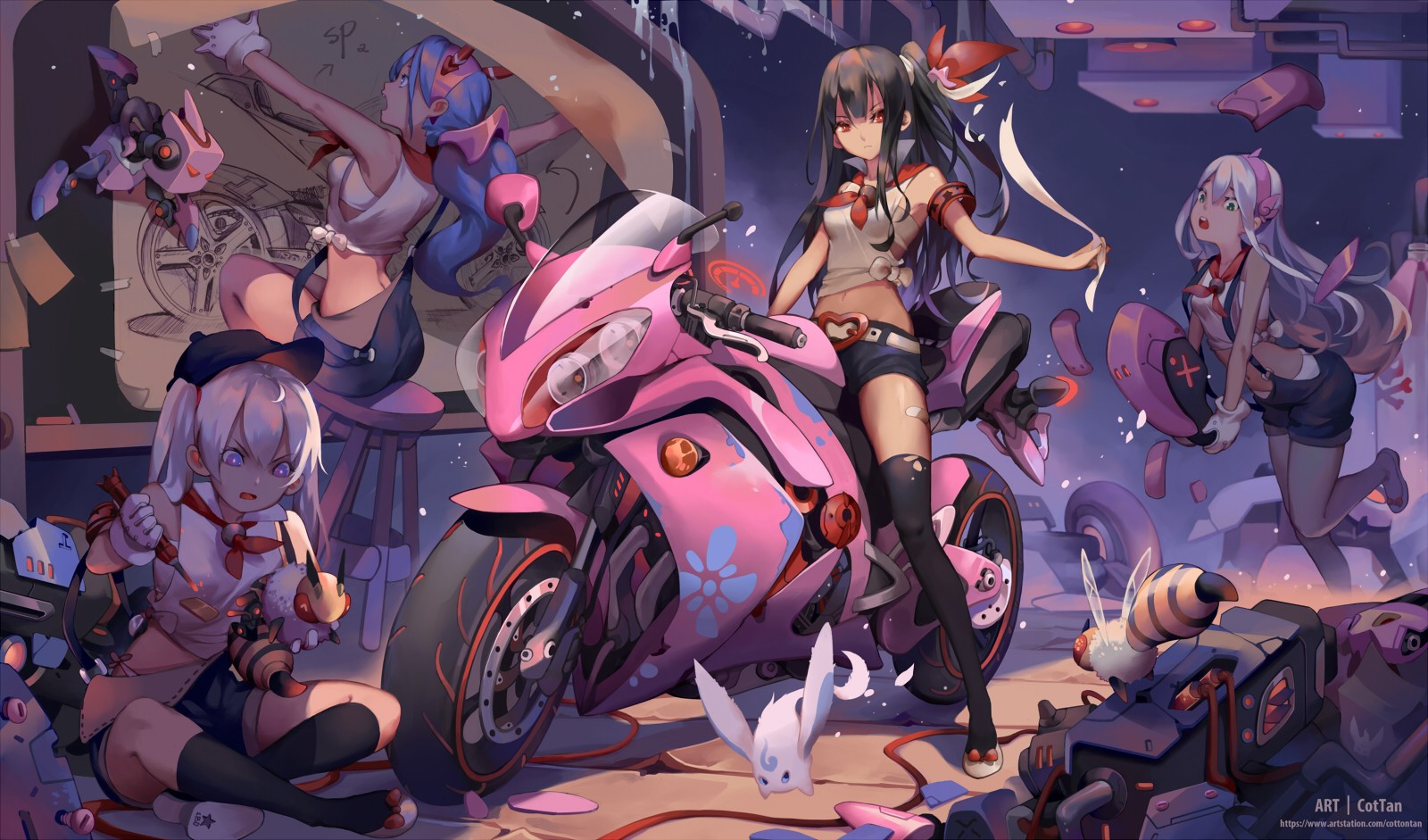 Anime girls with a pink motorcycle in a workshop HD Wallpaper