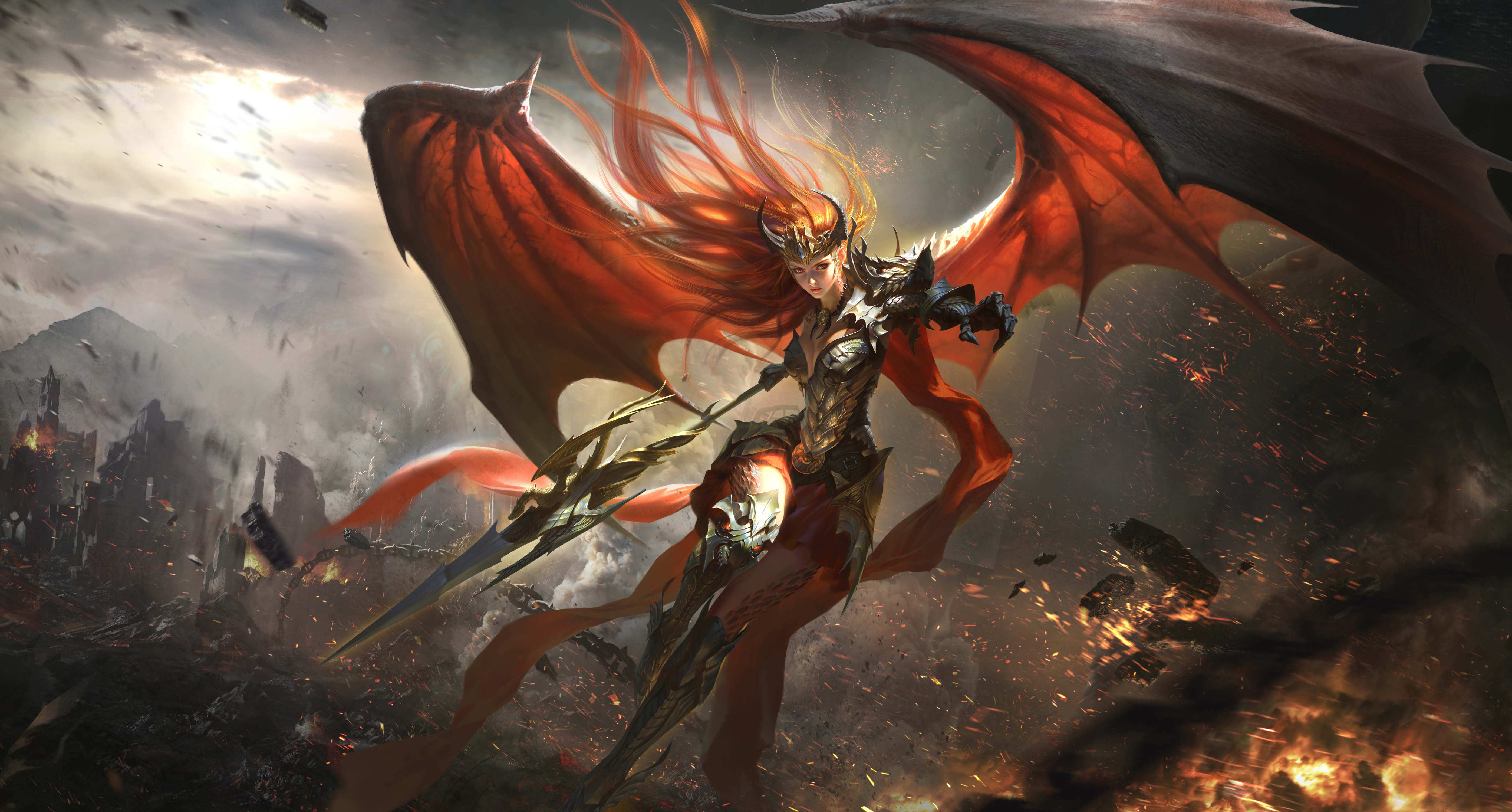 League of Angels 4K Artwork of a Redhead Woman with Dragon Wings HD Wallpaper