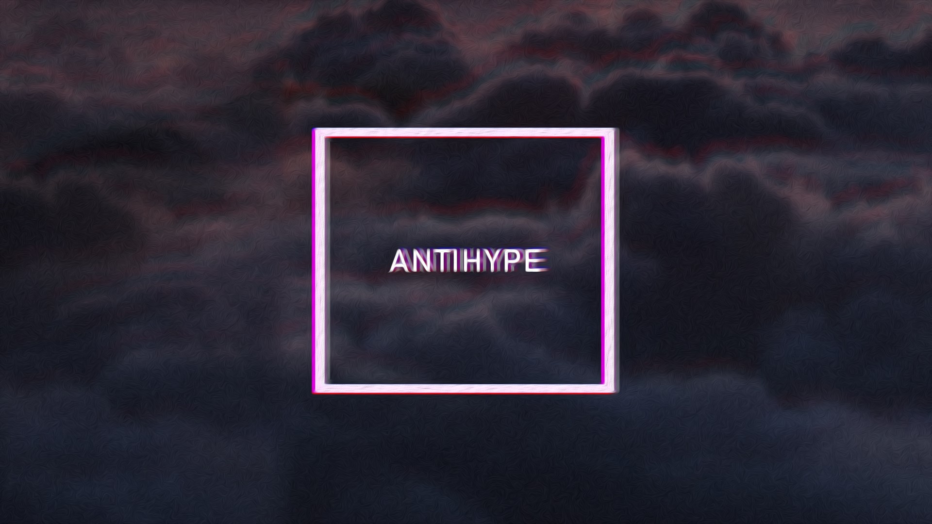 ANTIHYPE text in a neon square against clouds HD Wallpaper