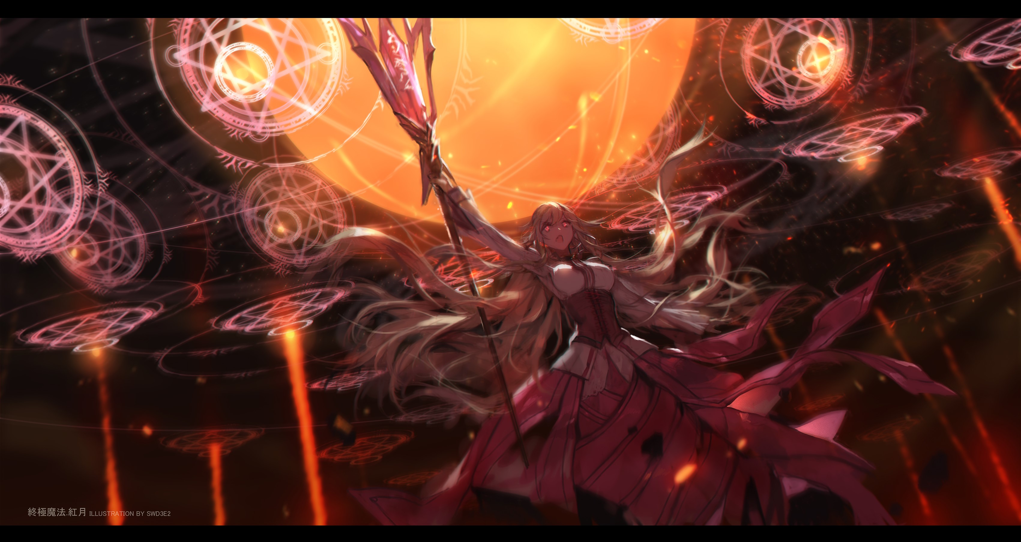 Anime girl with staff and magic circles HD Wallpaper