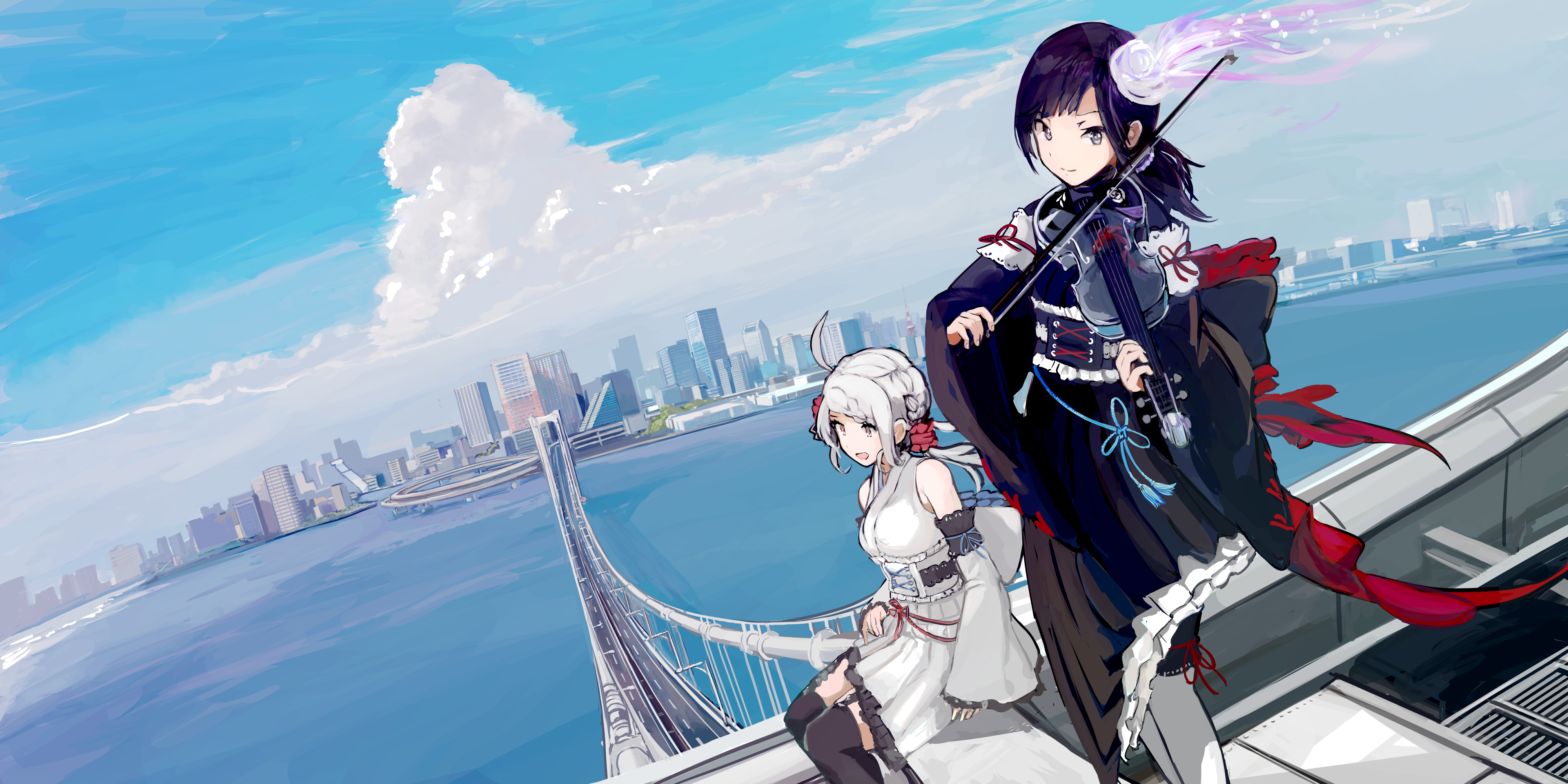 Anime girls with violin on a bridge overlooking cityscape HD Wallpaper