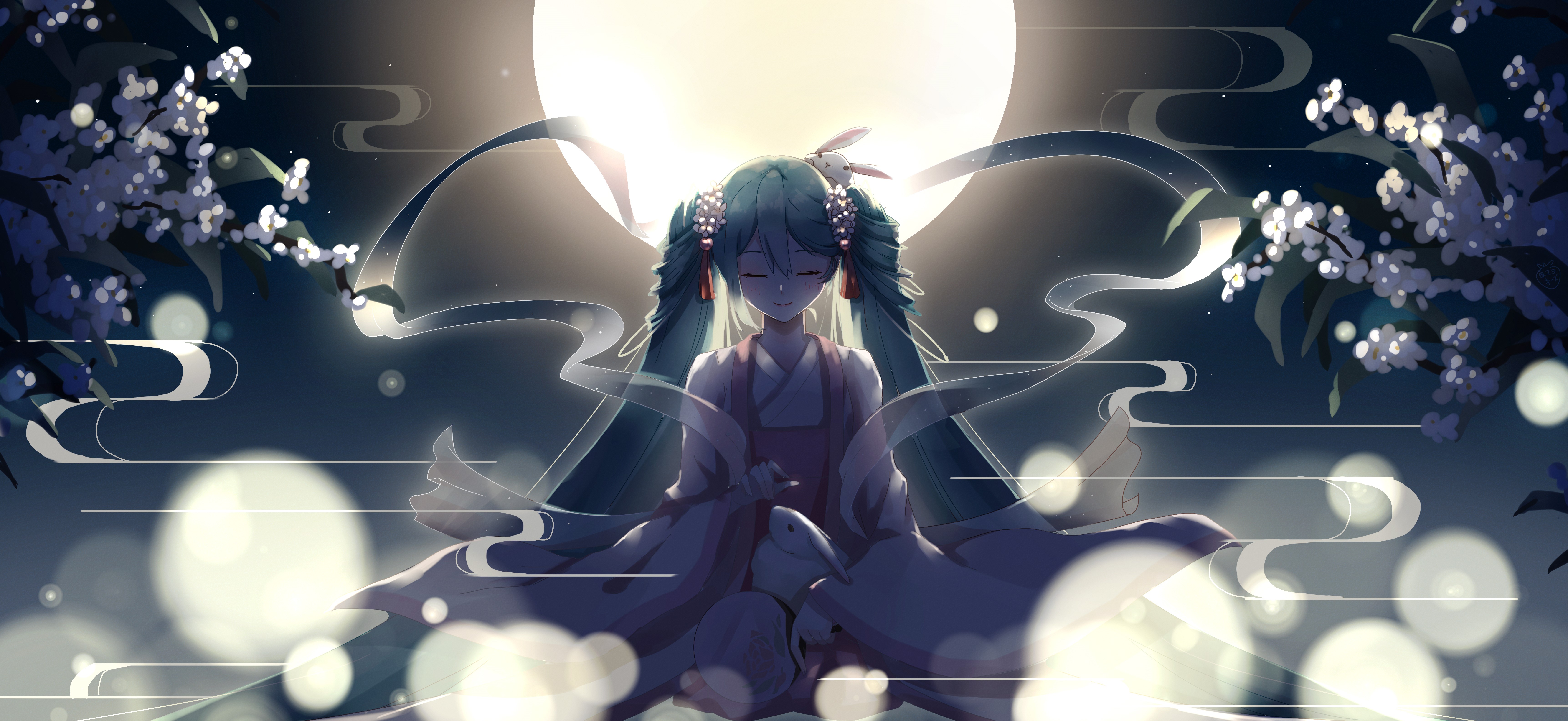 4K Hatsune Miku with Moon and Cherry Blossoms HD Wallpaper