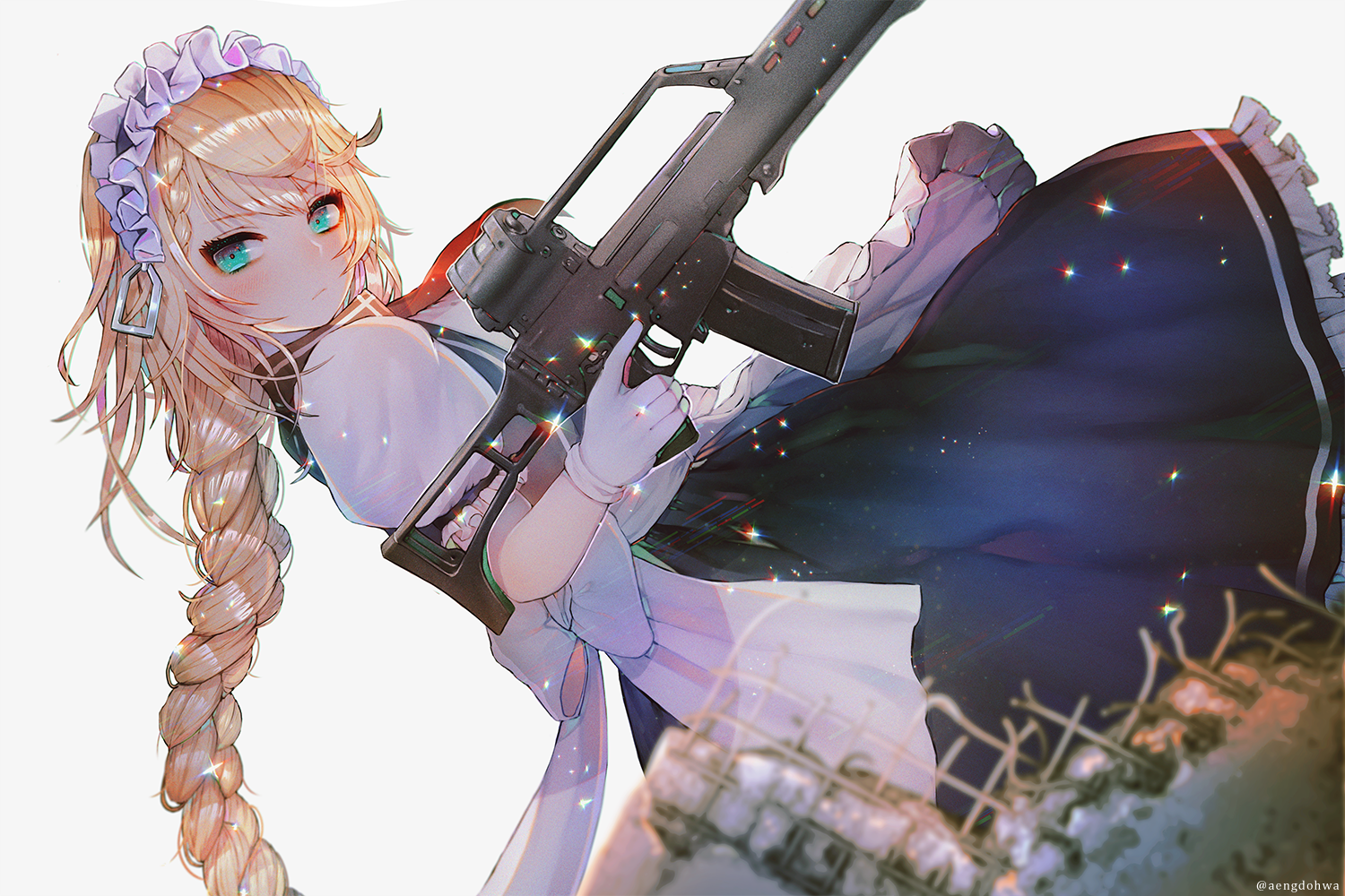 Anime girl with blonde hair holding a Heckler & Koch G36 machine gun HD Wallpaper