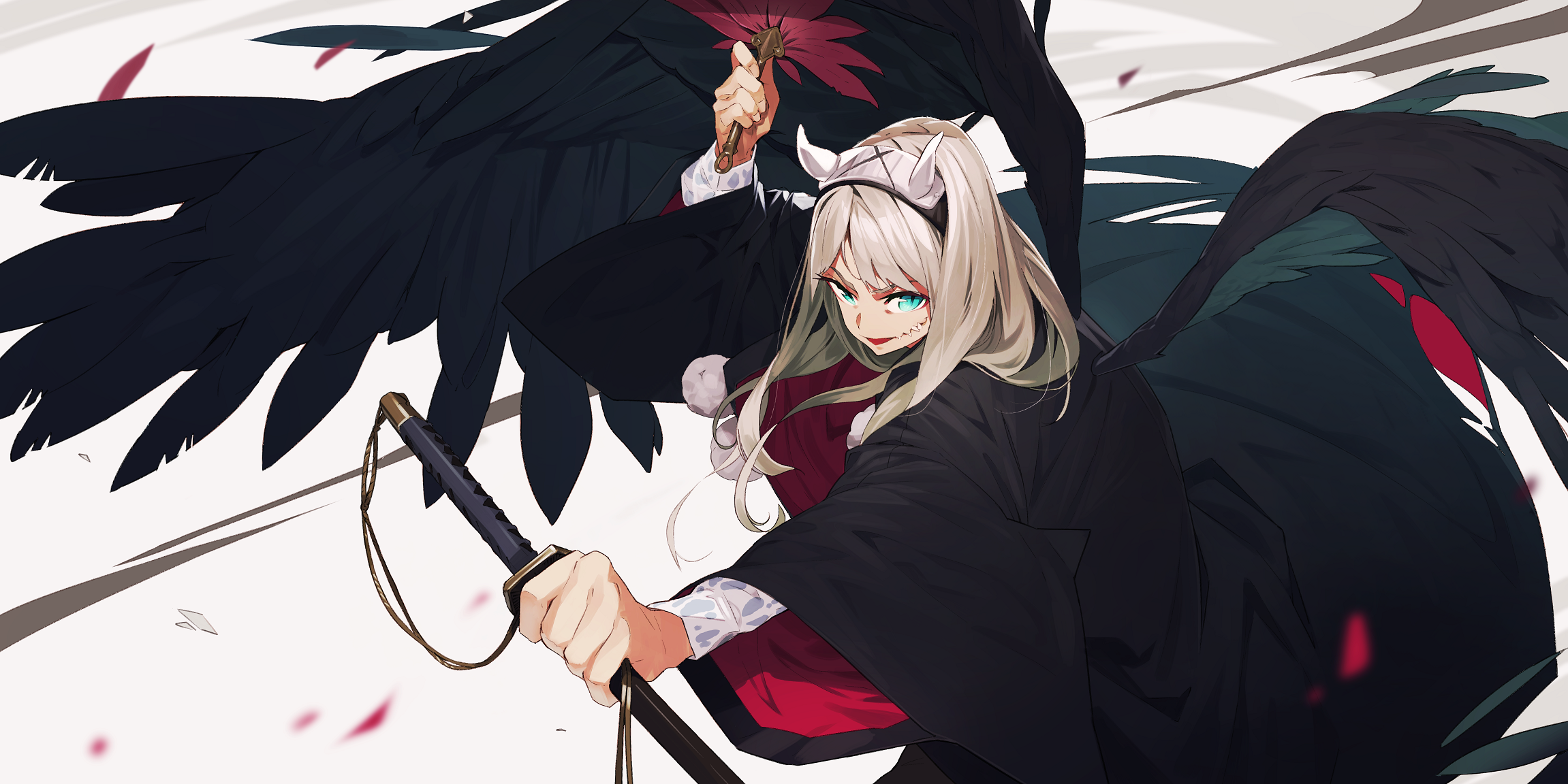 Anime girl with black wings and sword HD Wallpaper