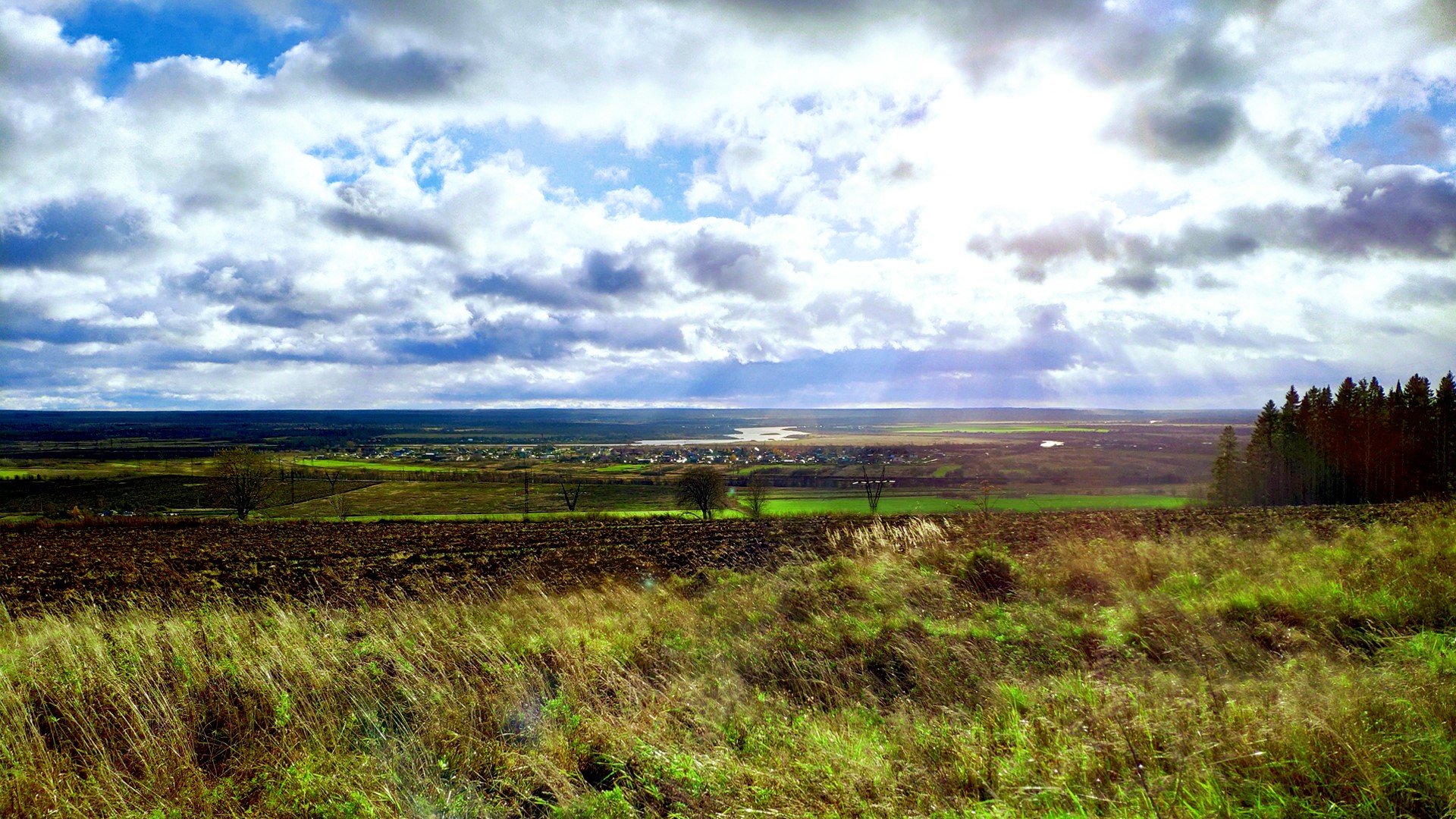 HDR landscape with clouds and fields HD Wallpaper