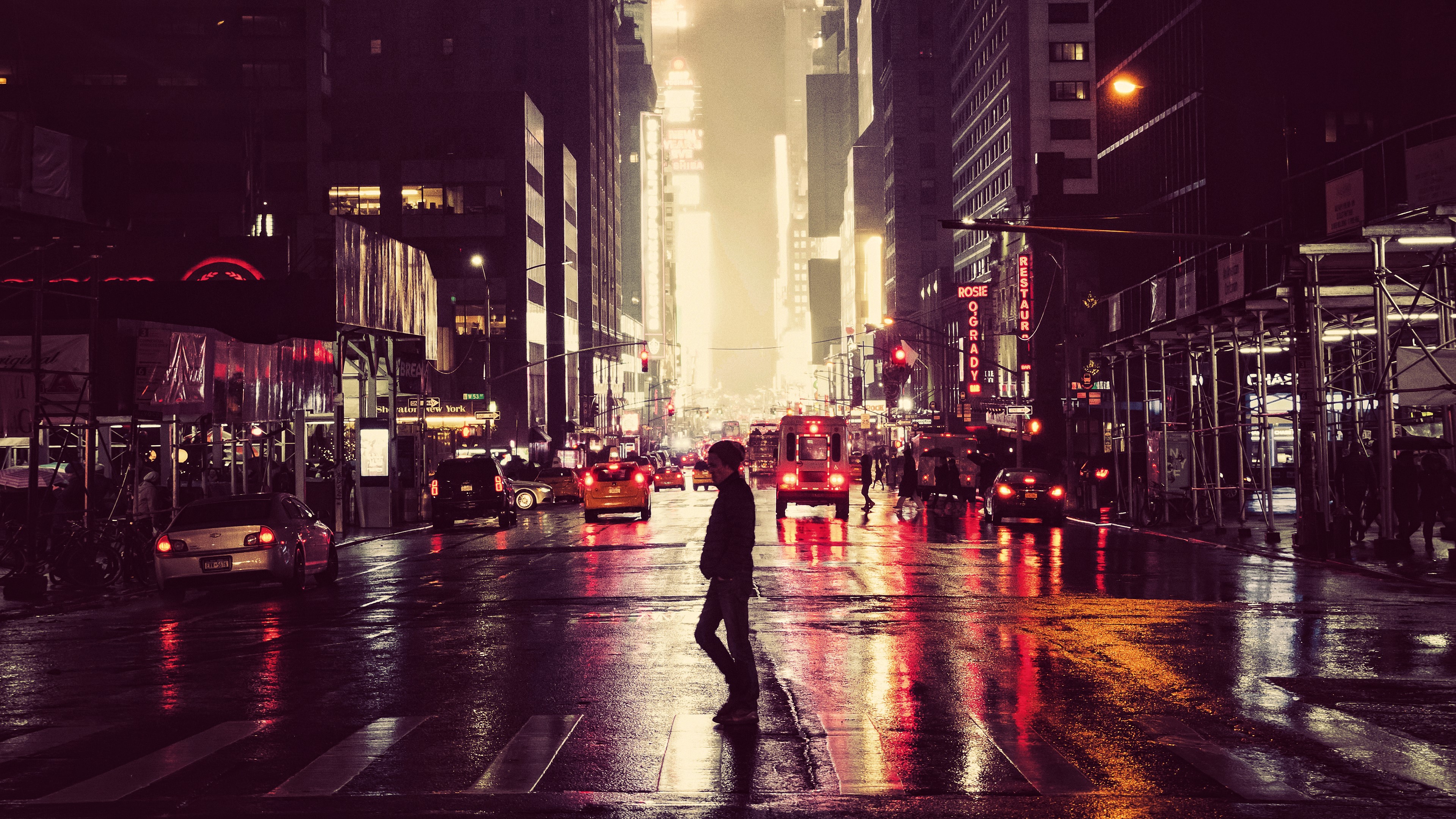 4K Night Photography of a Rainy City Street HD Wallpaper