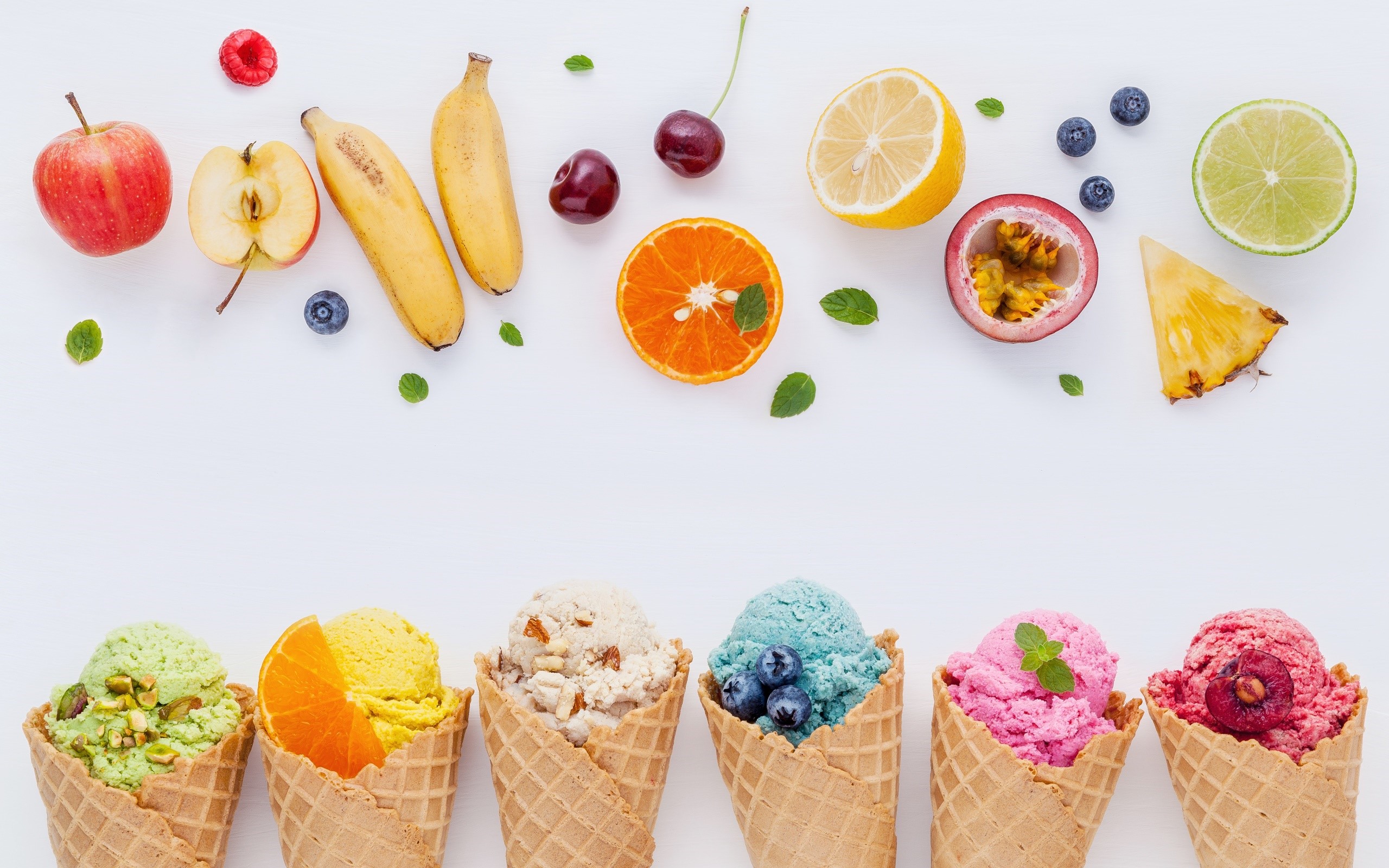 Assortment of fresh fruits and ice cream cones HD Wallpaper