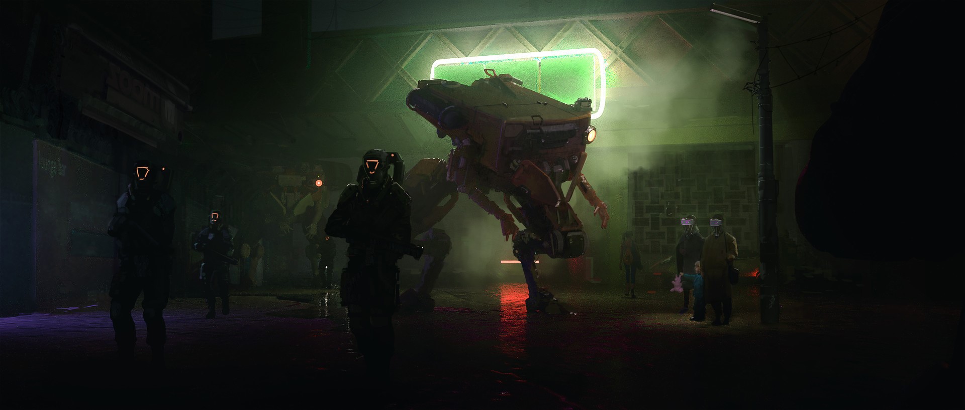 Soldiers and robot in a futuristic city at night HD Wallpaper