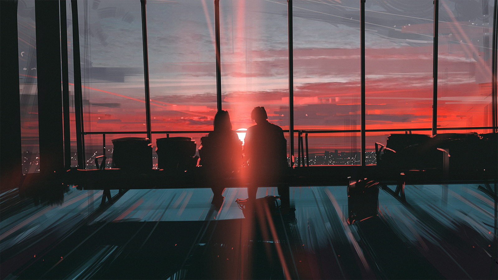 Couple watching sunset from a high-rise window HD Wallpaper