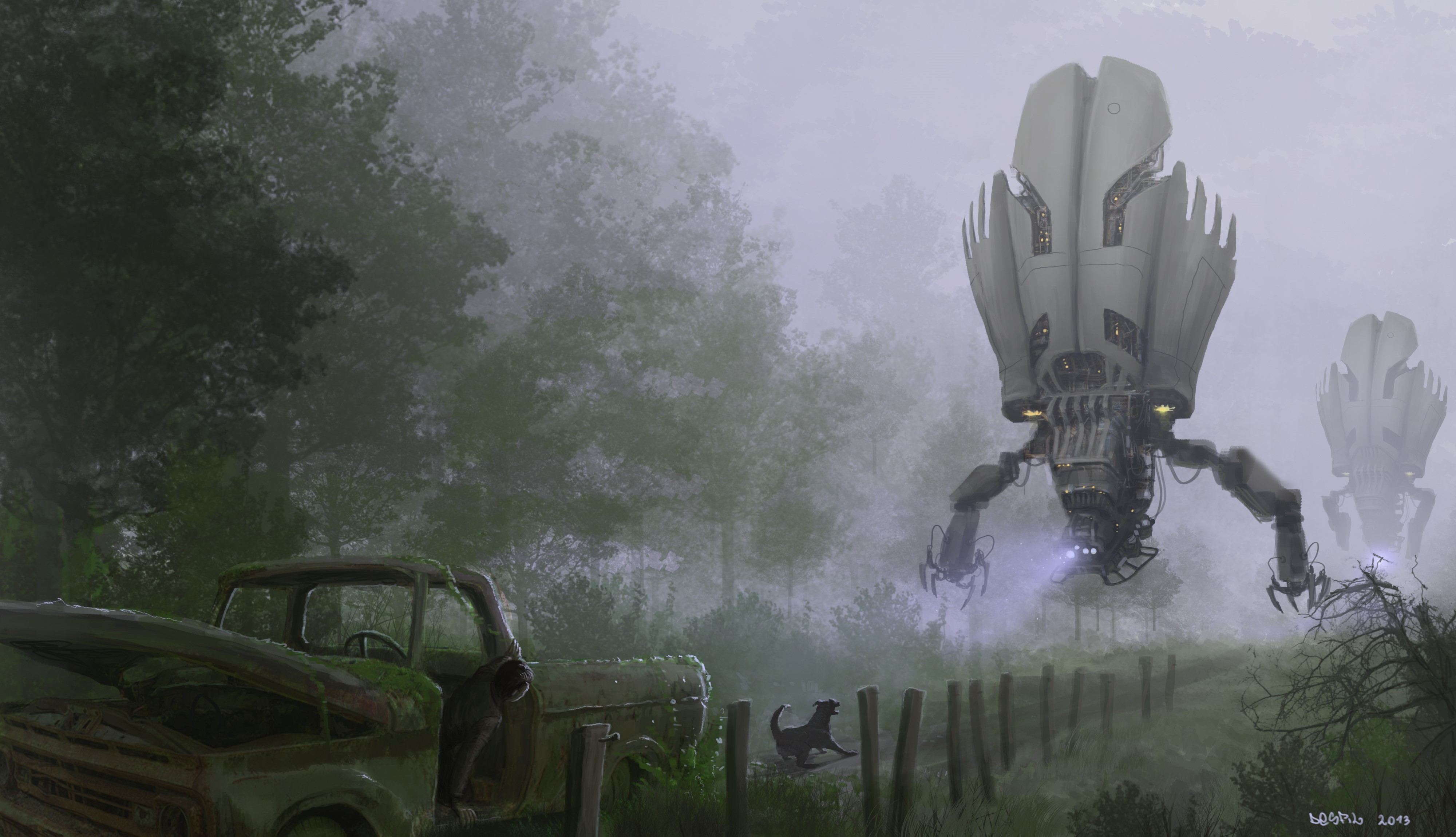 Apocalyptic robots and abandoned truck in a foggy forest HD Wallpaper