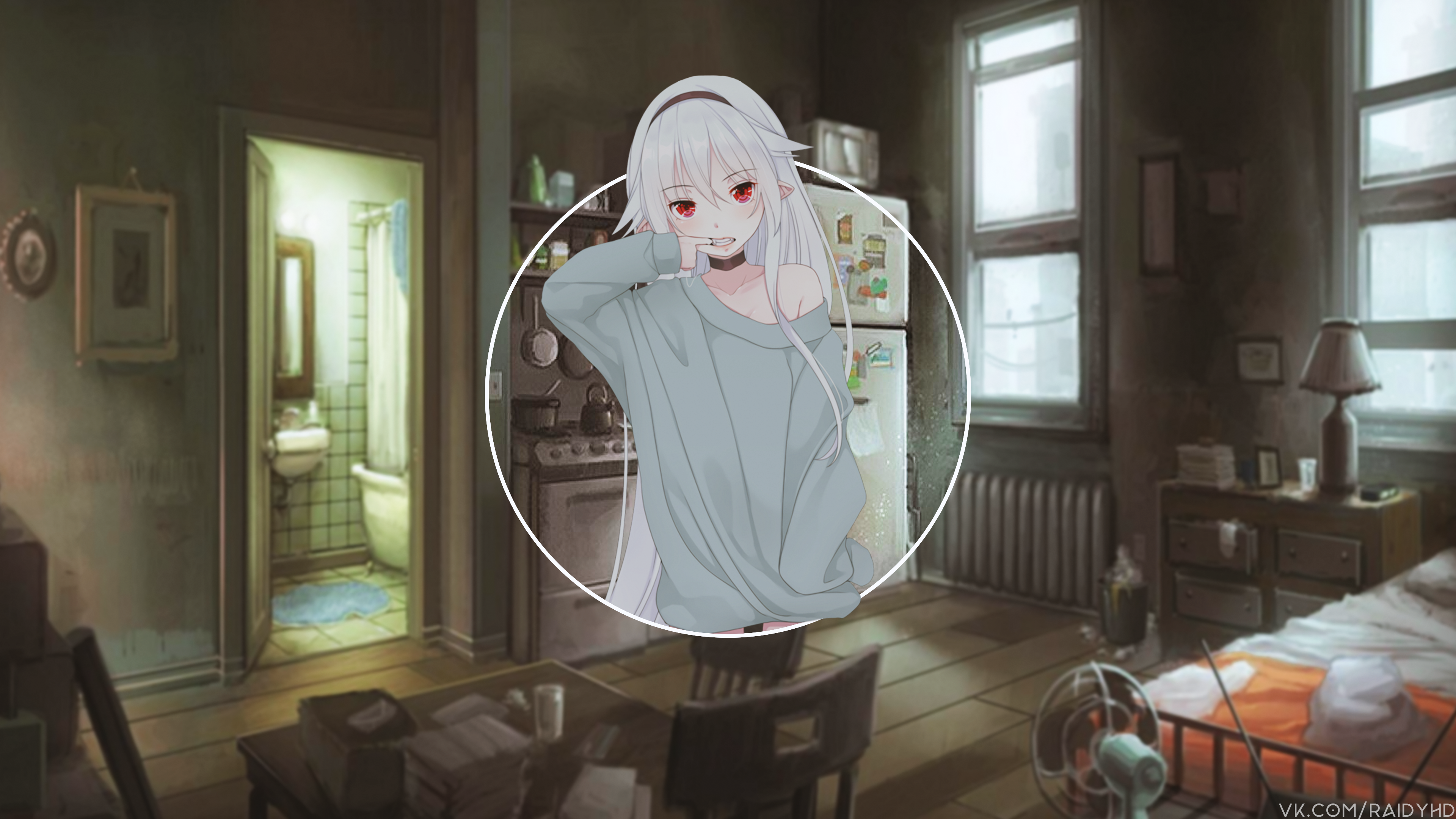 Anime girl in a room with a bathroom and bedroom HD Wallpaper