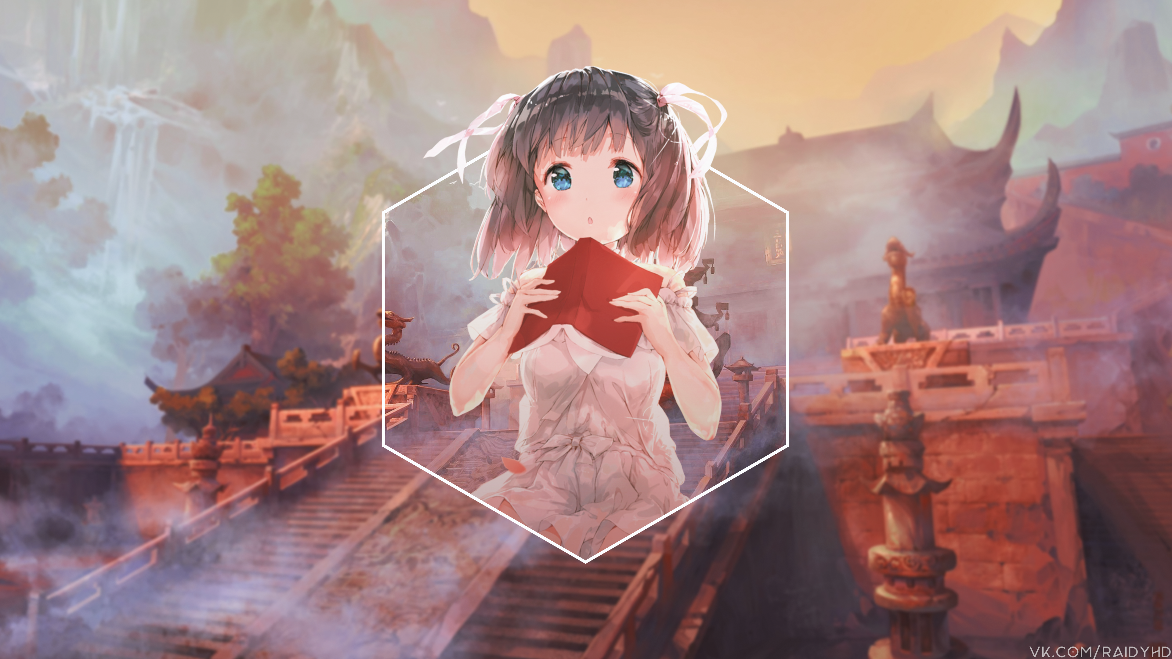 Anime girl holding a red envelope in front of a temple HD Wallpaper