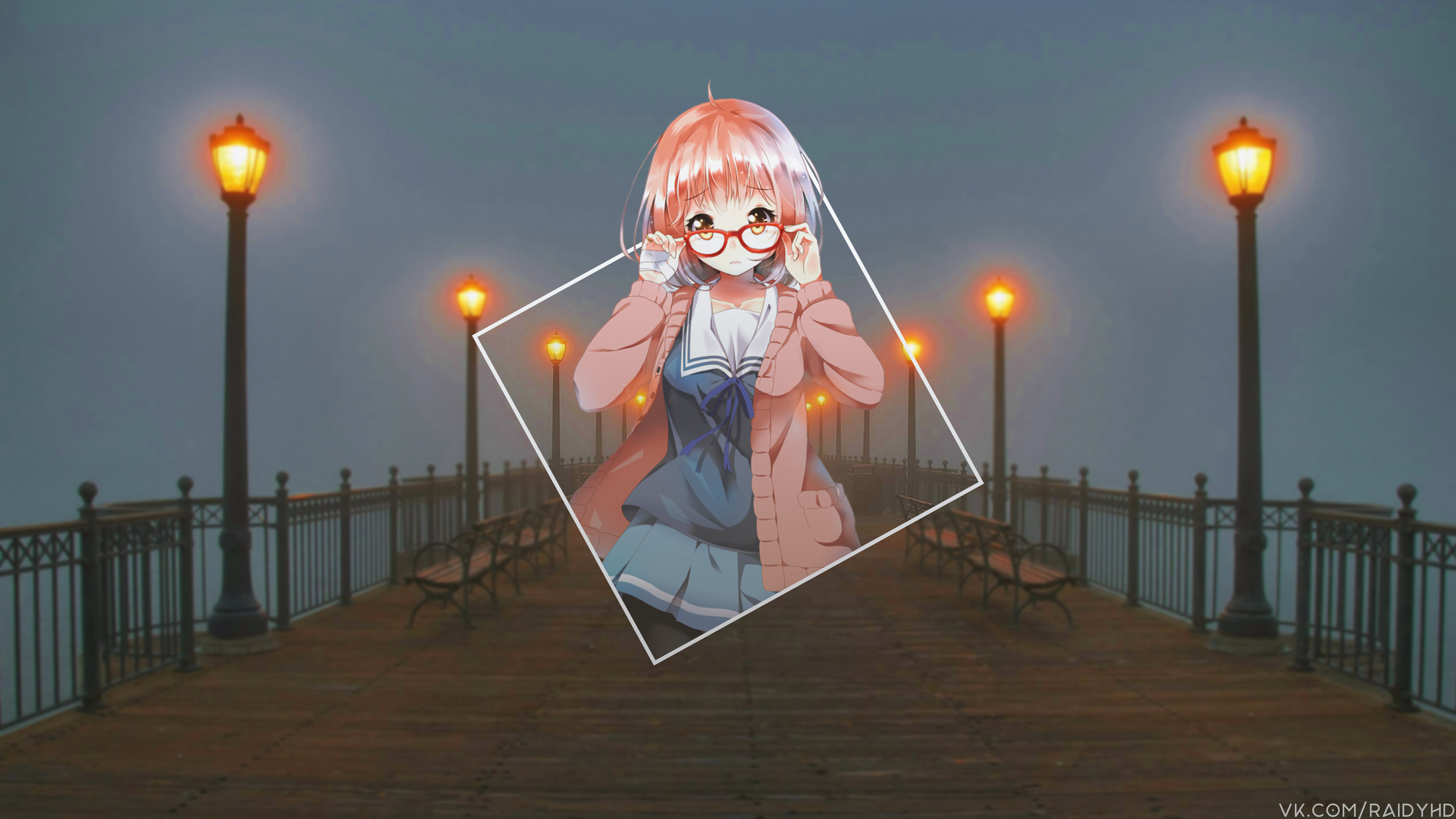 Anime girl with glasses on a pier HD Wallpaper