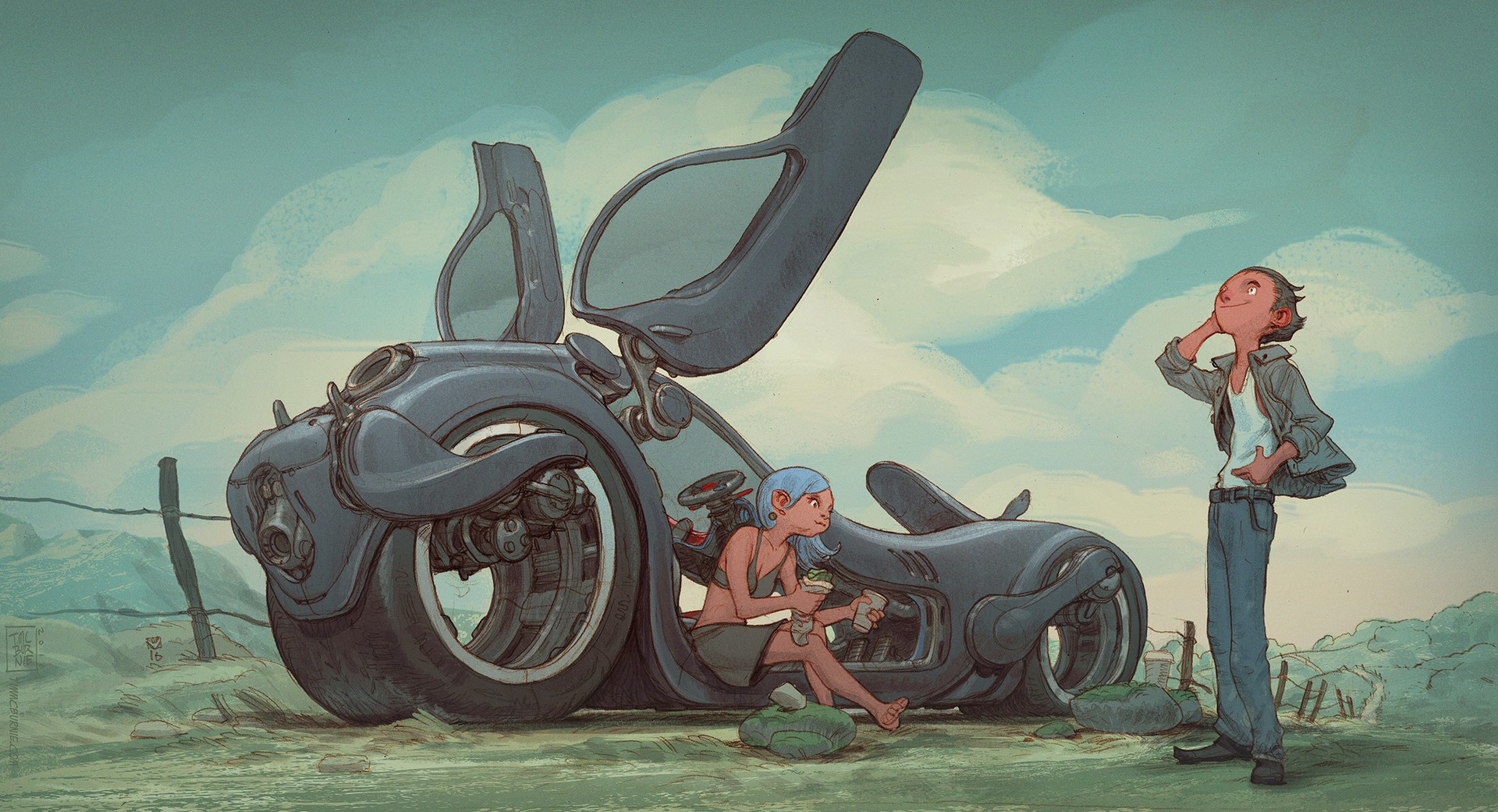Couple with futuristic vehicle in a field HD Wallpaper