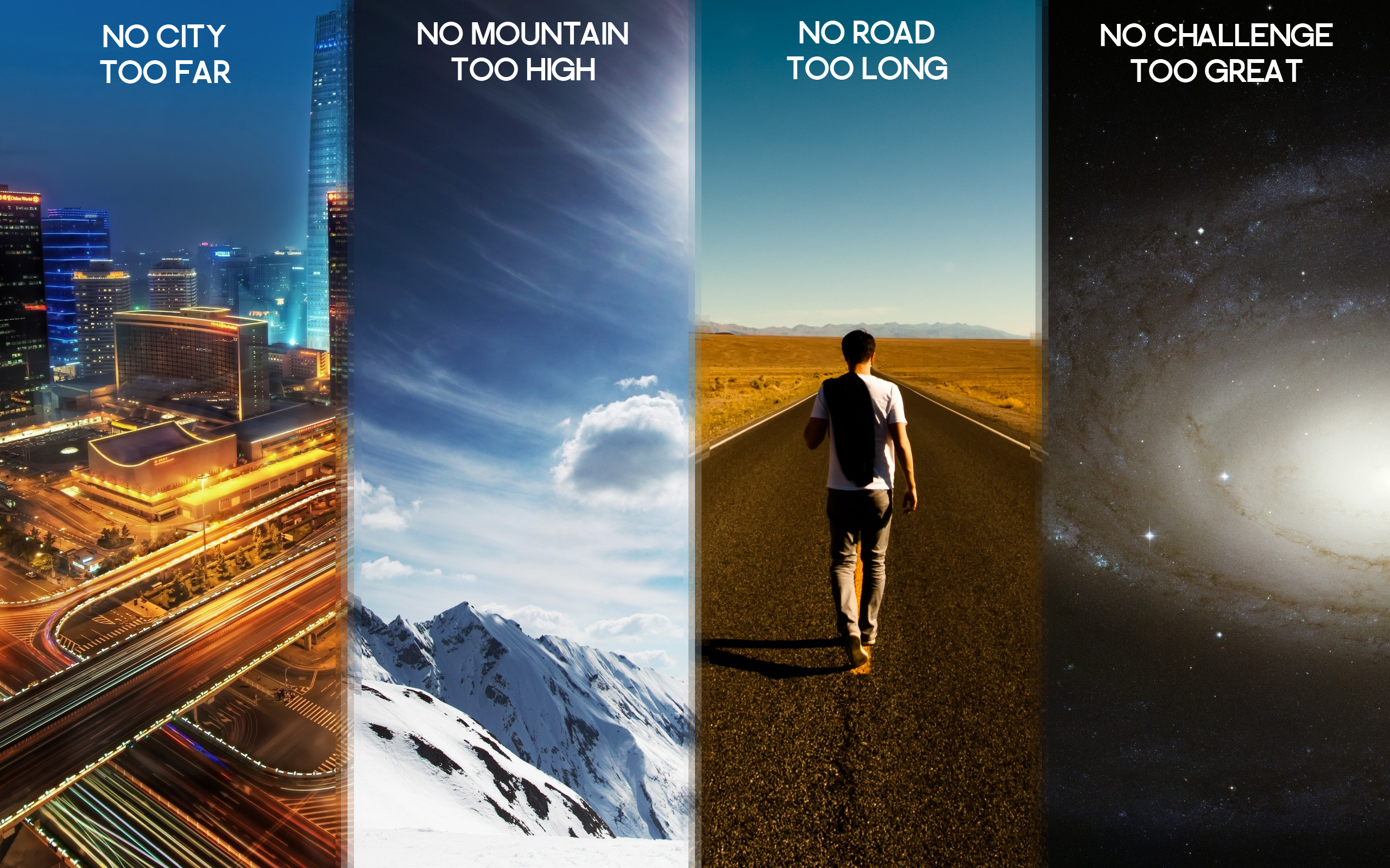 Motivational Collage with City, Mountains, Road, and Galaxy HD Wallpaper