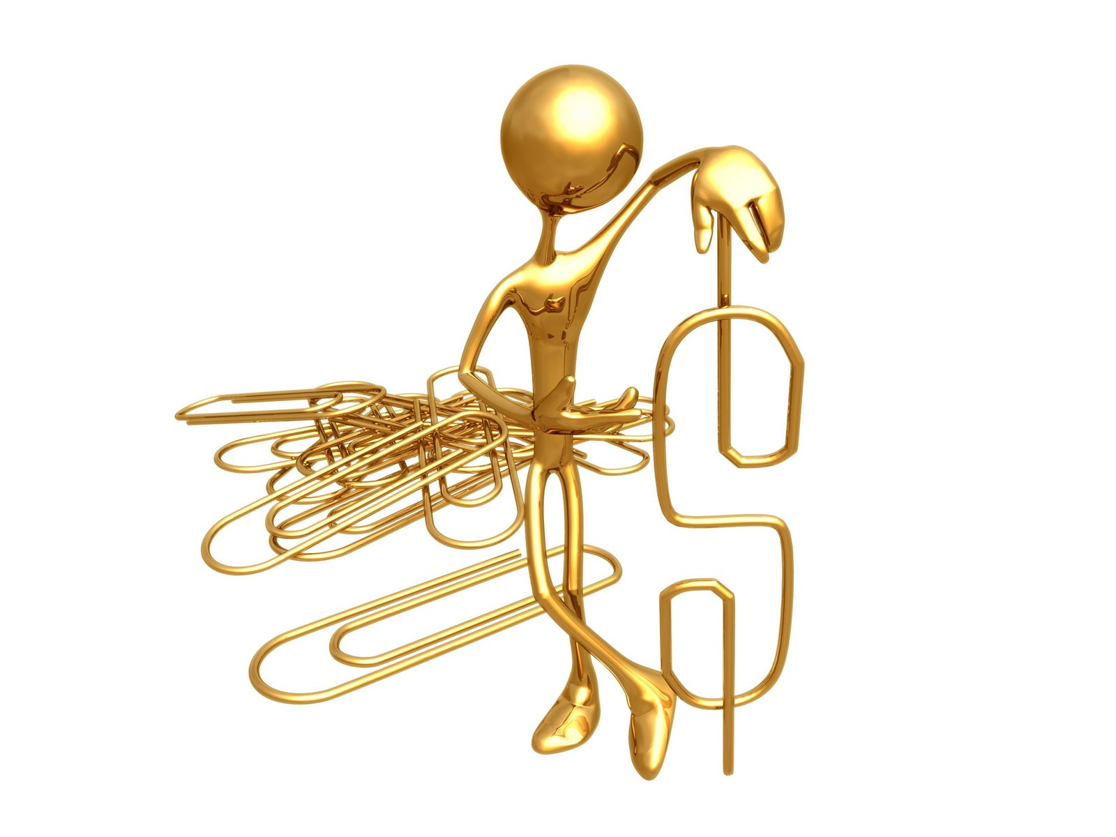 Golden 3D man leaning on dollar sign with paperclips HD Wallpaper