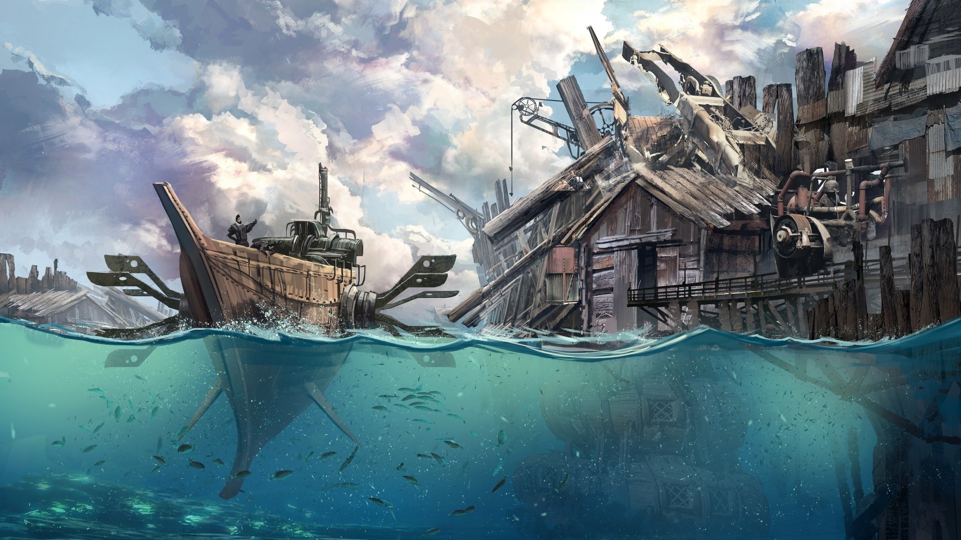 Steampunk boat near a dilapidated dockside structure HD Wallpaper