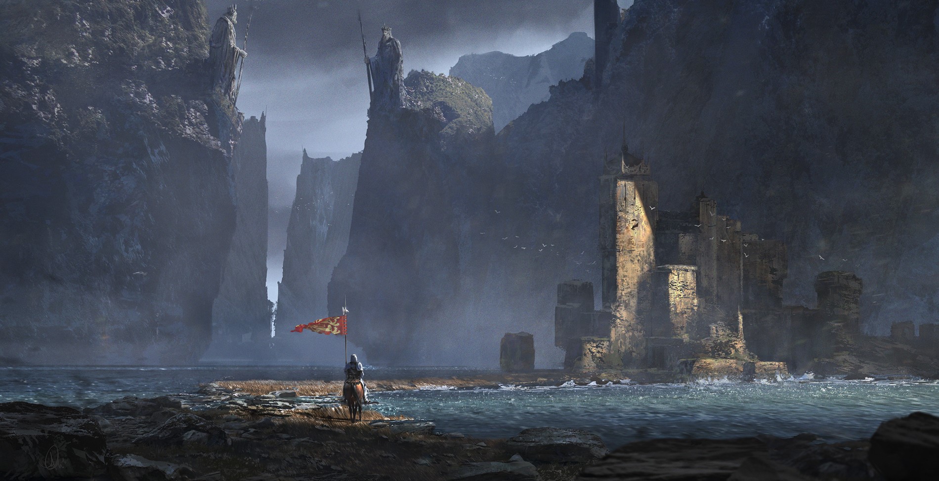 Knight with flag near ruined castle and mountains HD Wallpaper