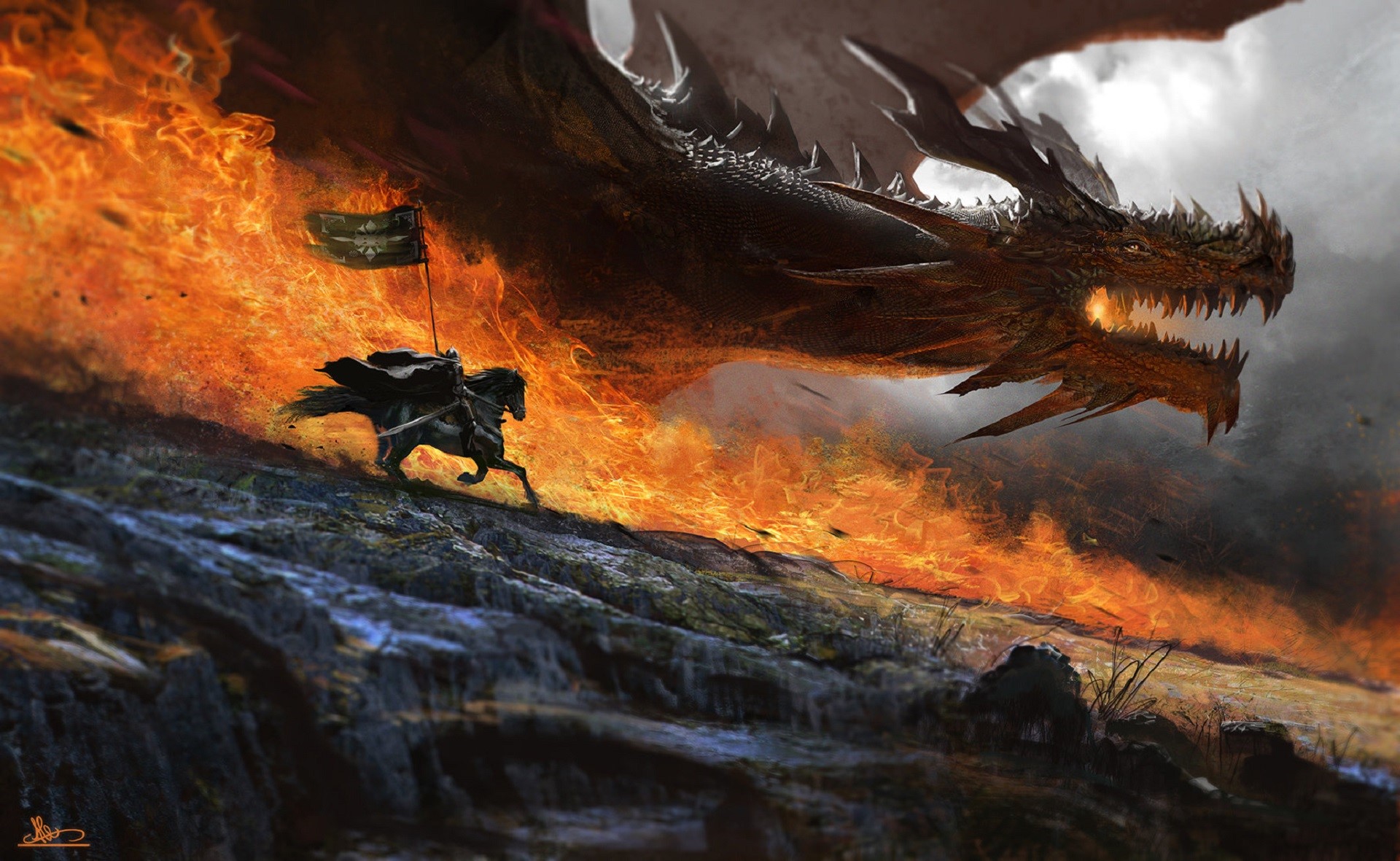 Knight on horse with flag facing dragon in fire HD Wallpaper