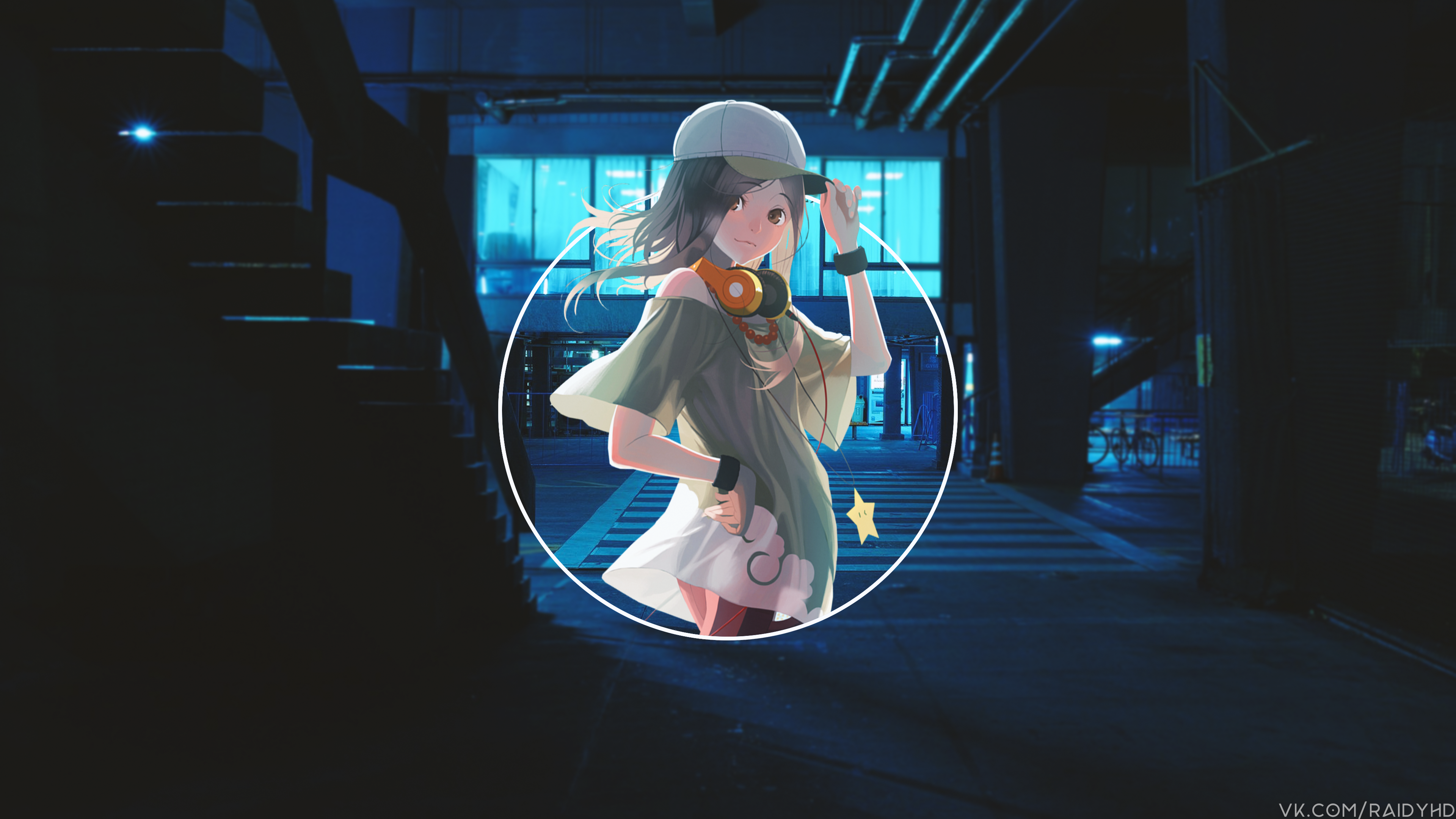 4K Anime Girl with Headphones in City HD Wallpaper