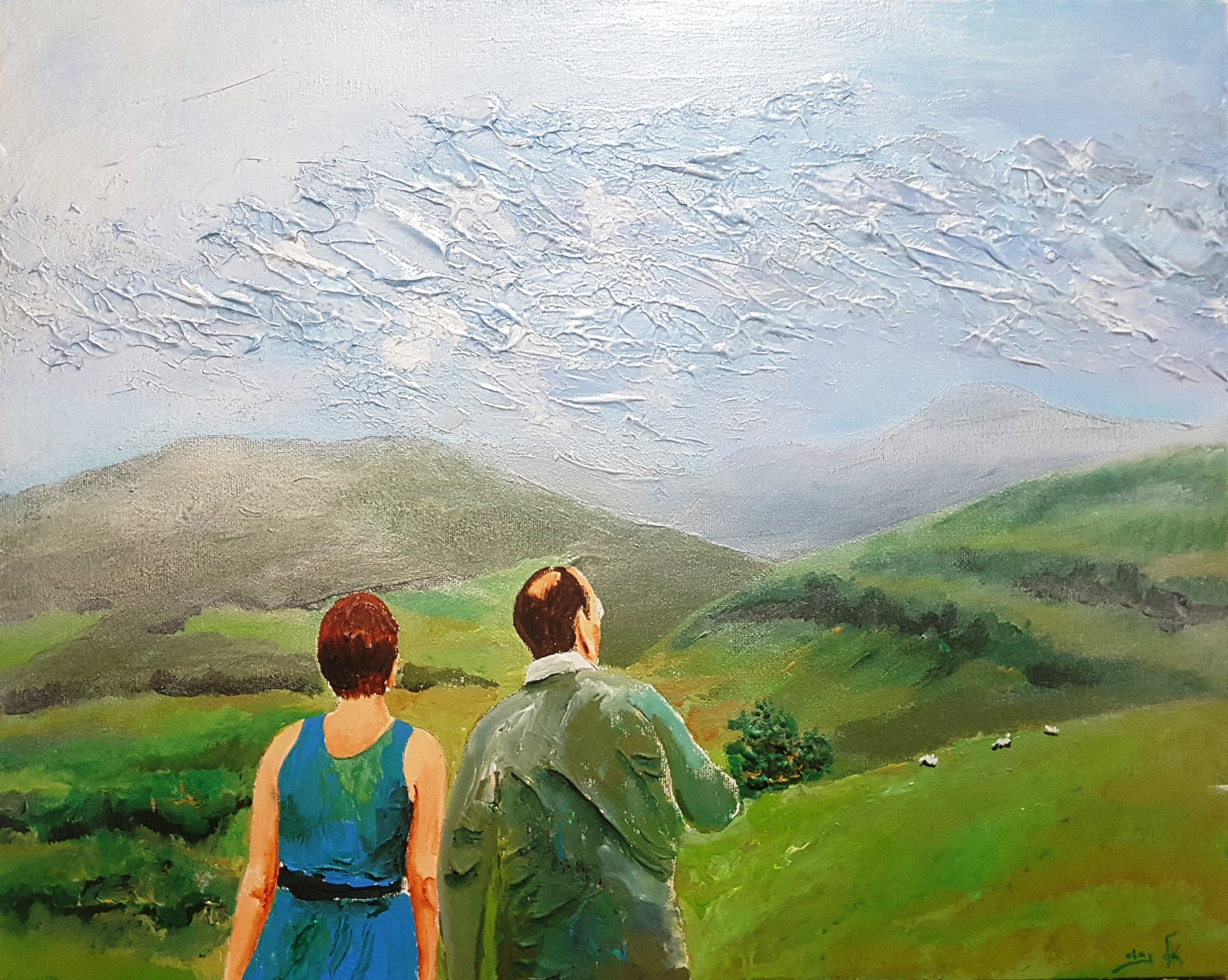 Painting of a couple looking at a landscape HD Wallpaper
