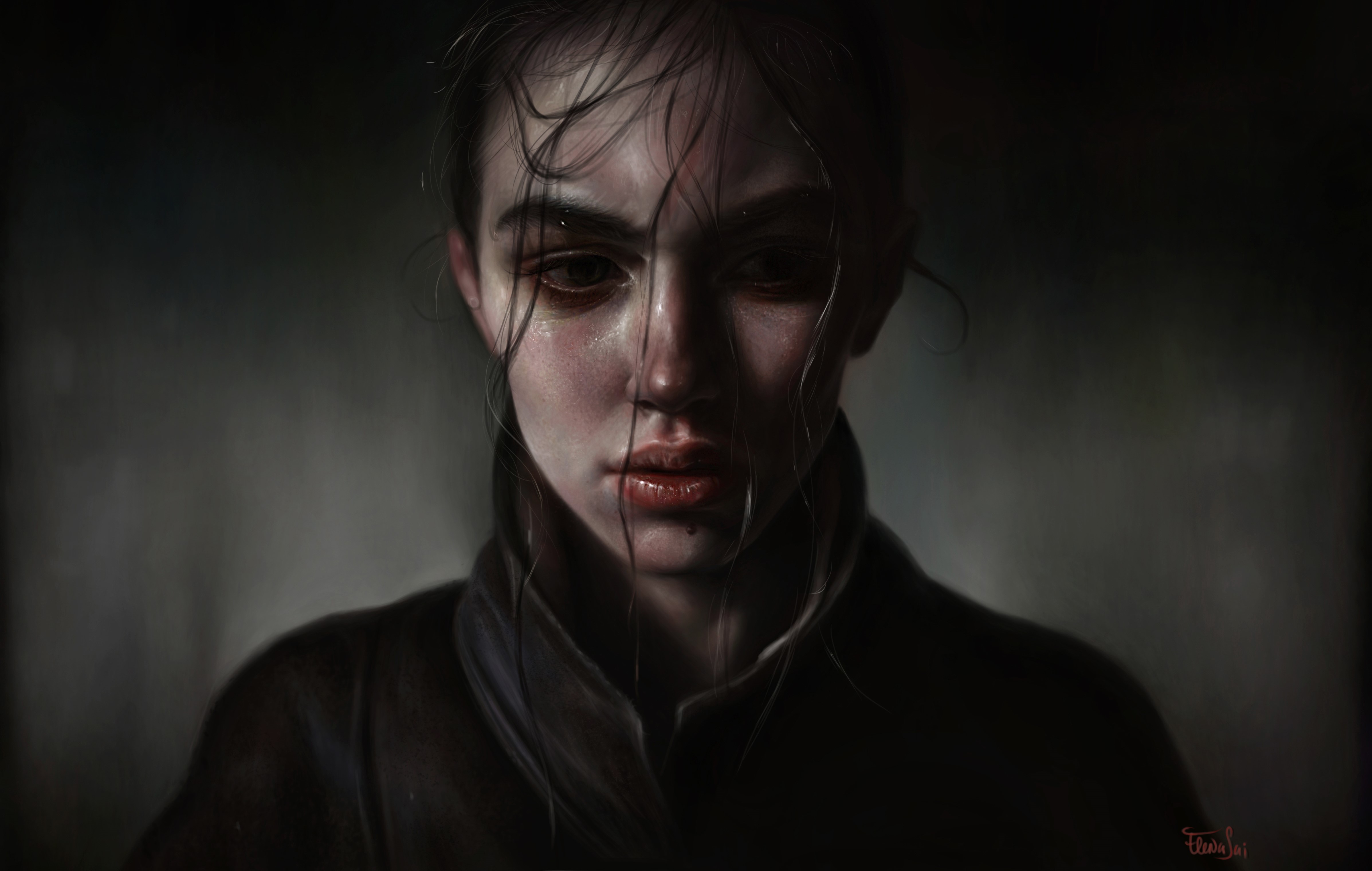 Realistic portrait of a woman with wet hair HD Wallpaper