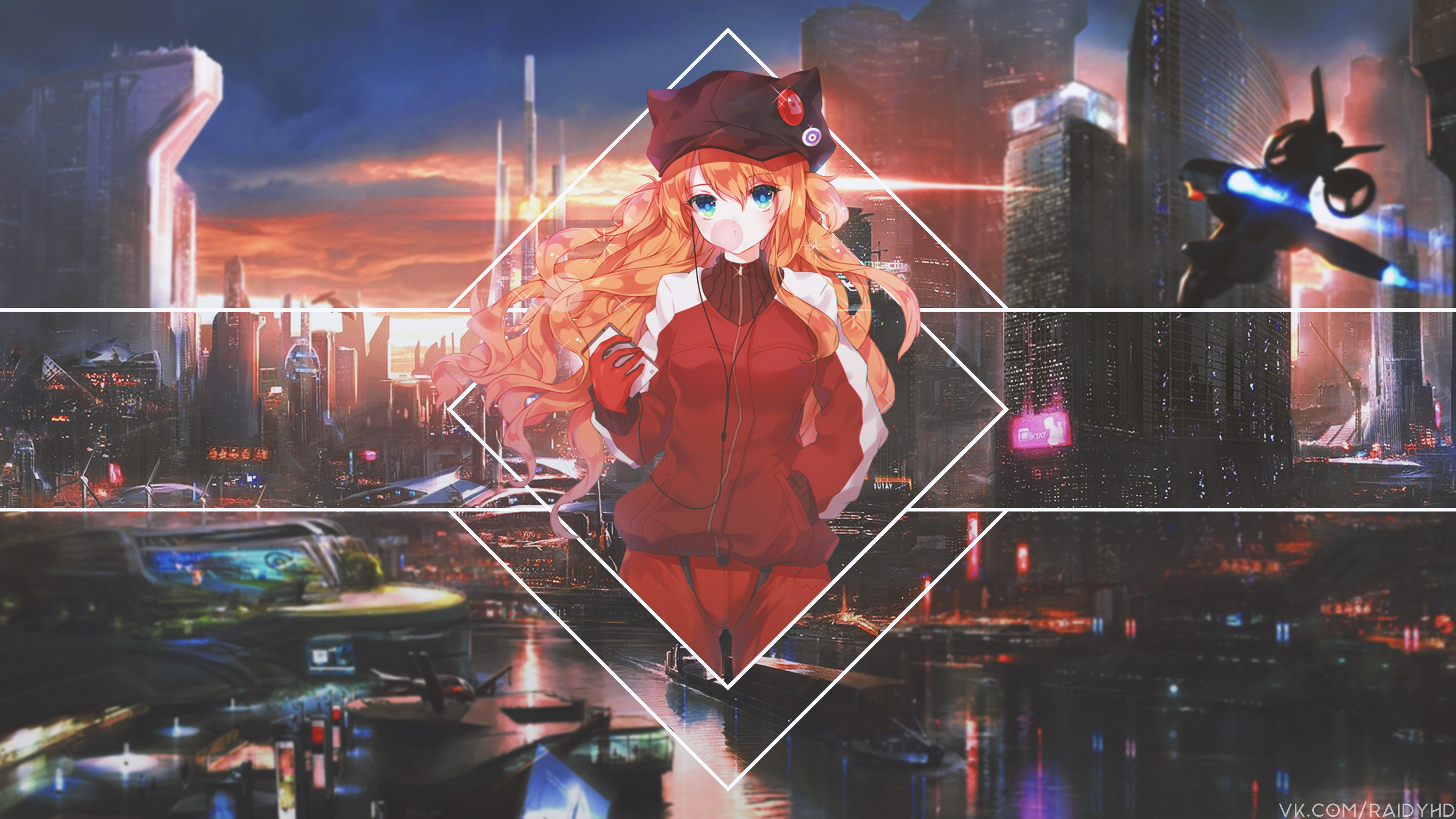 Anime girl with blue eyes in a futuristic city HD Wallpaper
