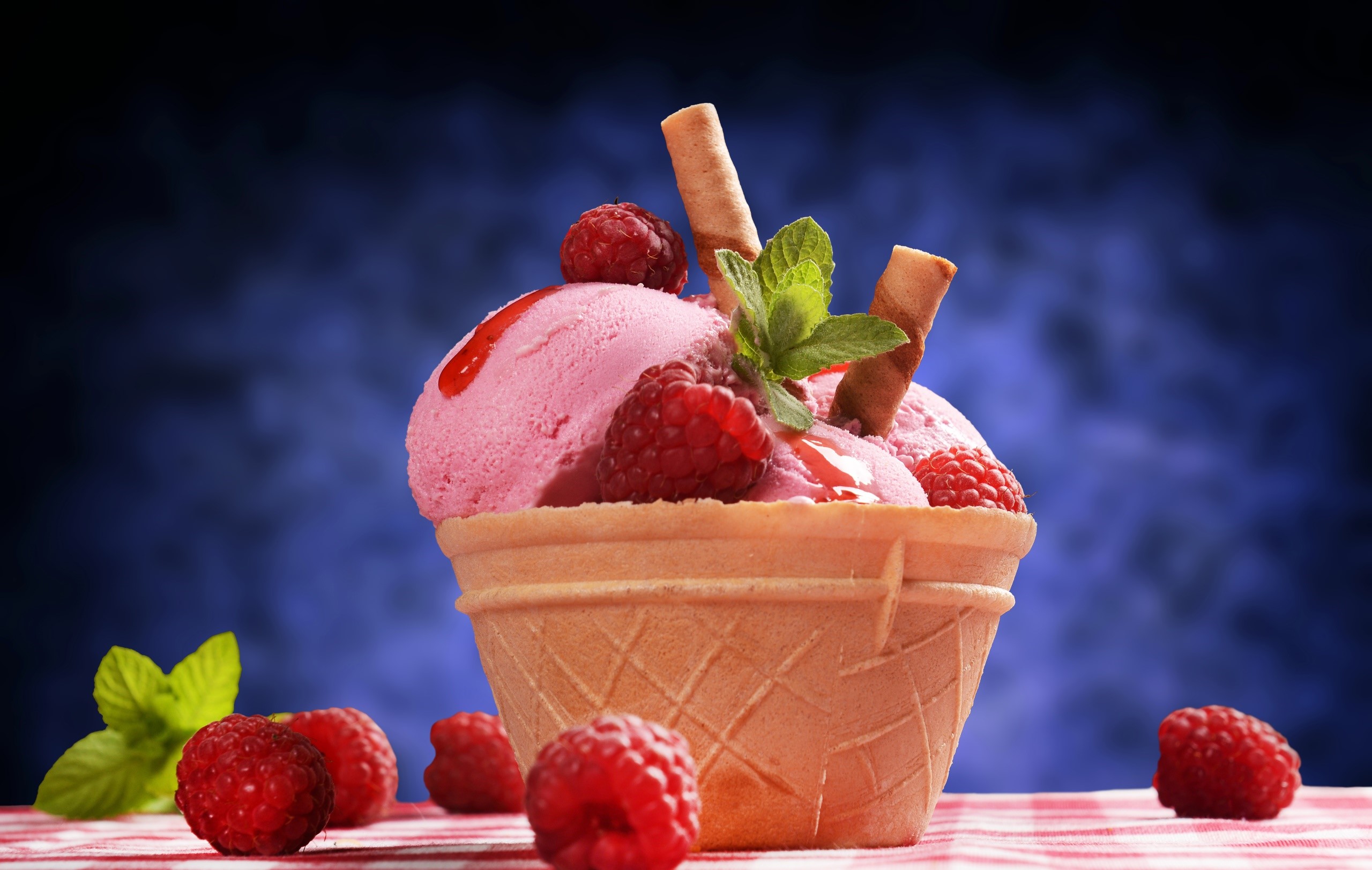 Pink ice cream cone with raspberries and wafers HD Wallpaper