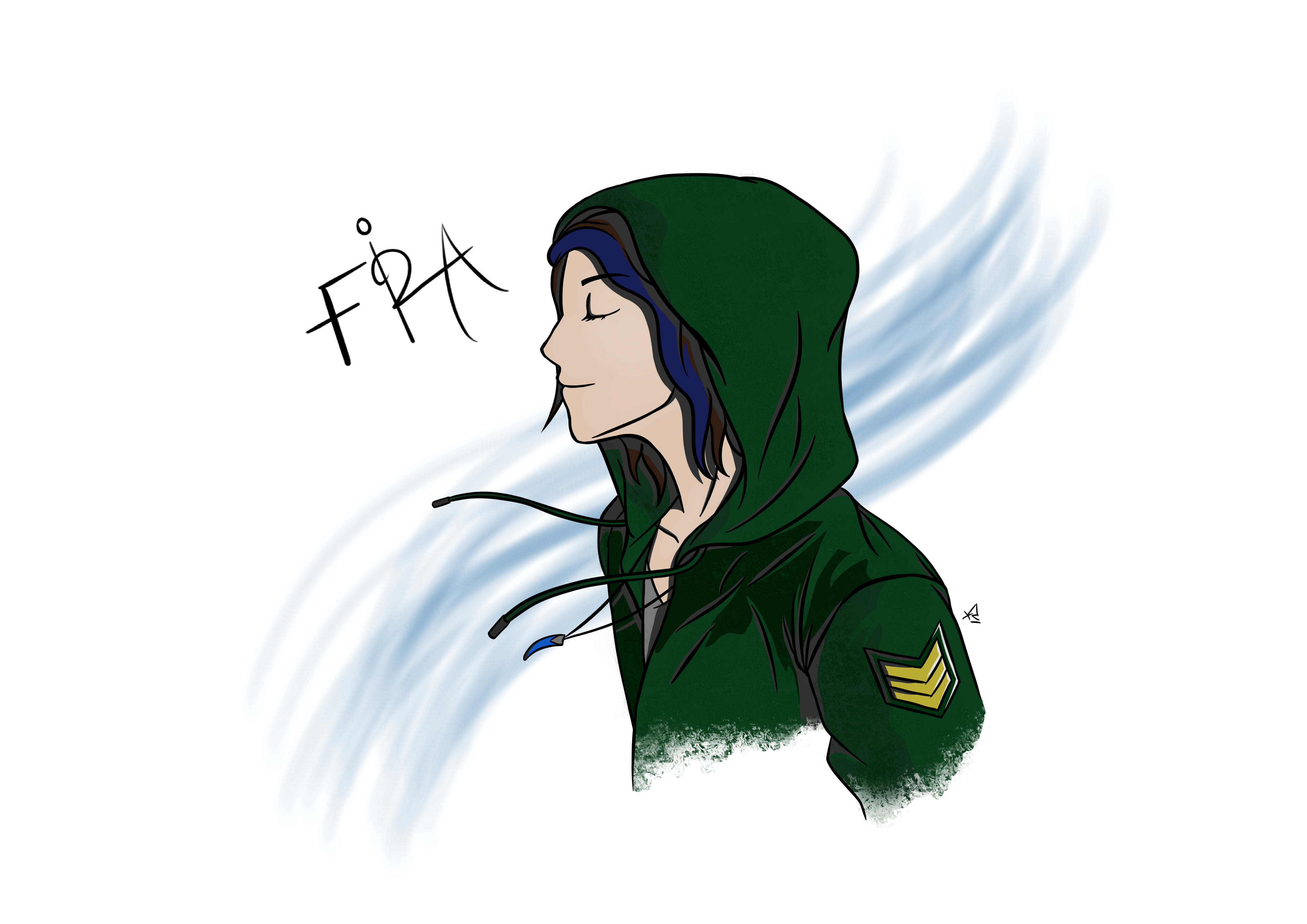 Artwork of a person with blue streaks in hair wearing a green hoodie HD Wallpaper
